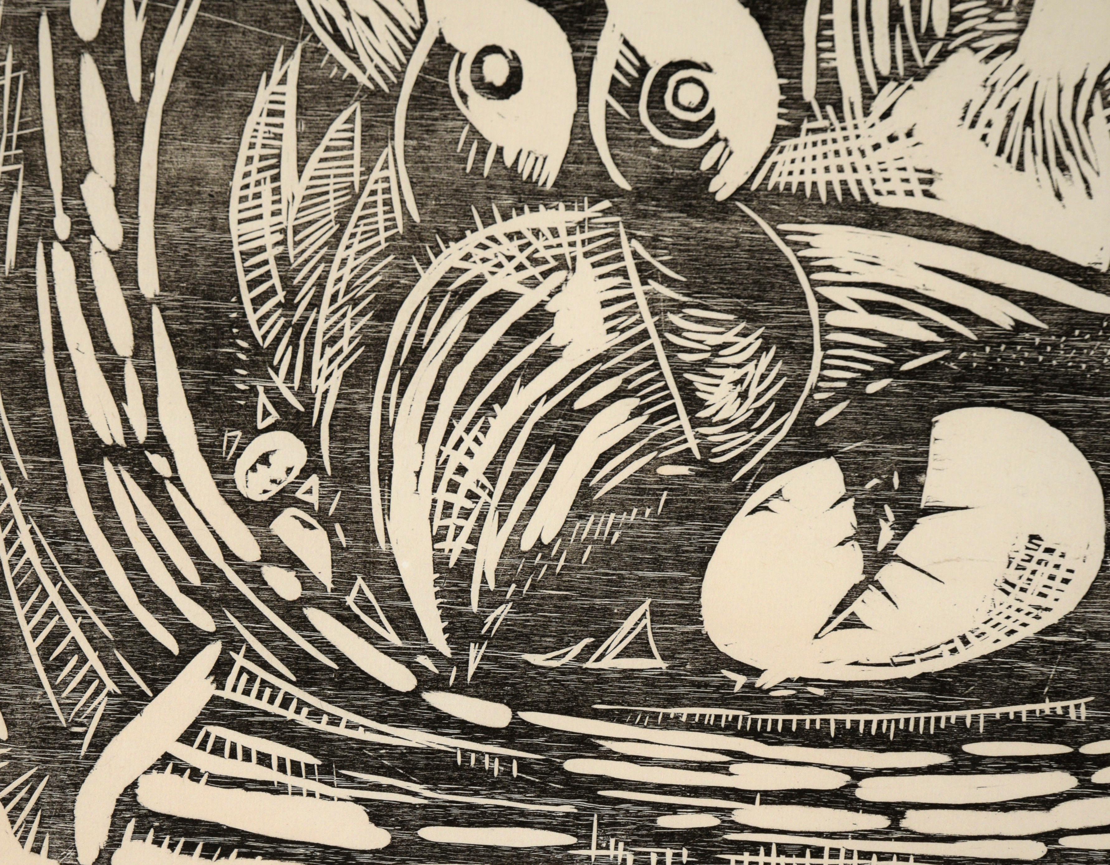 Birds in a Nest - Woodblock Print on Paper #3/6 For Sale 2