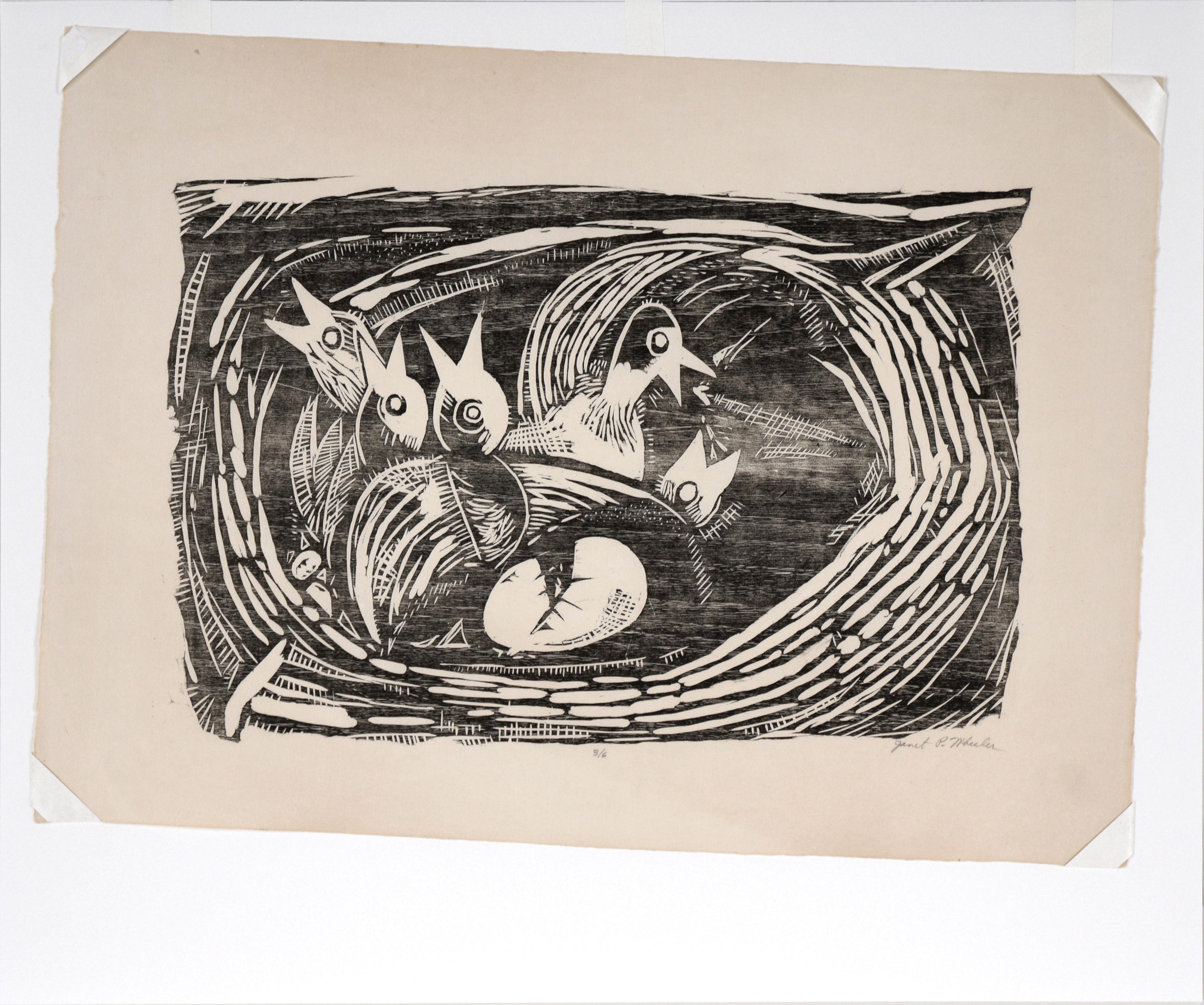 Birds in a Nest - Woodblock Print on Paper #3/6 For Sale 5