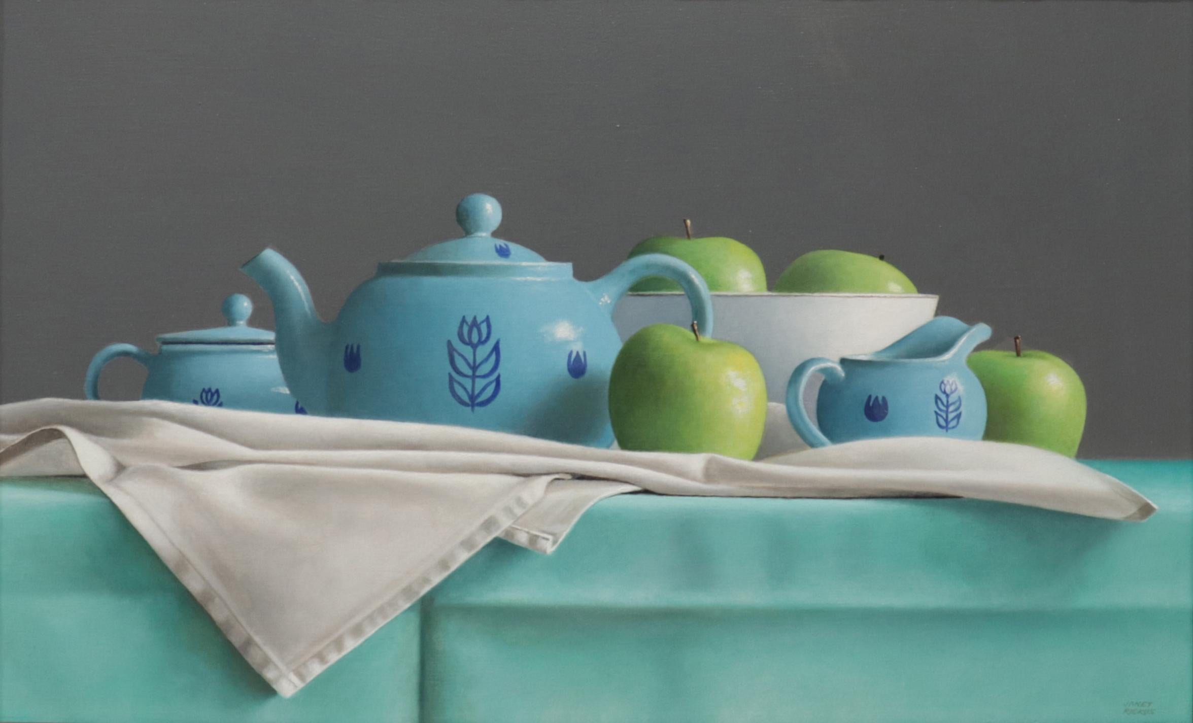 BLUE TEA SET AND GREEN APPLES, photo-realism, still life, bright blue, green