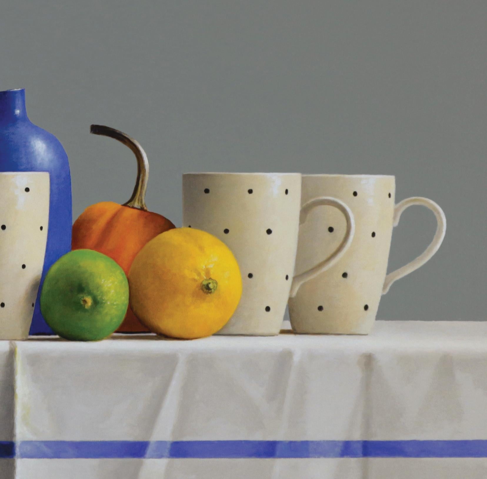 FOUR POLKA DOT CUPS, FRUIT, CUPS ON TABLE, BLUE, YELLOW, WHITE, PORCELAIN  - American Realist Painting by Janet Rickus