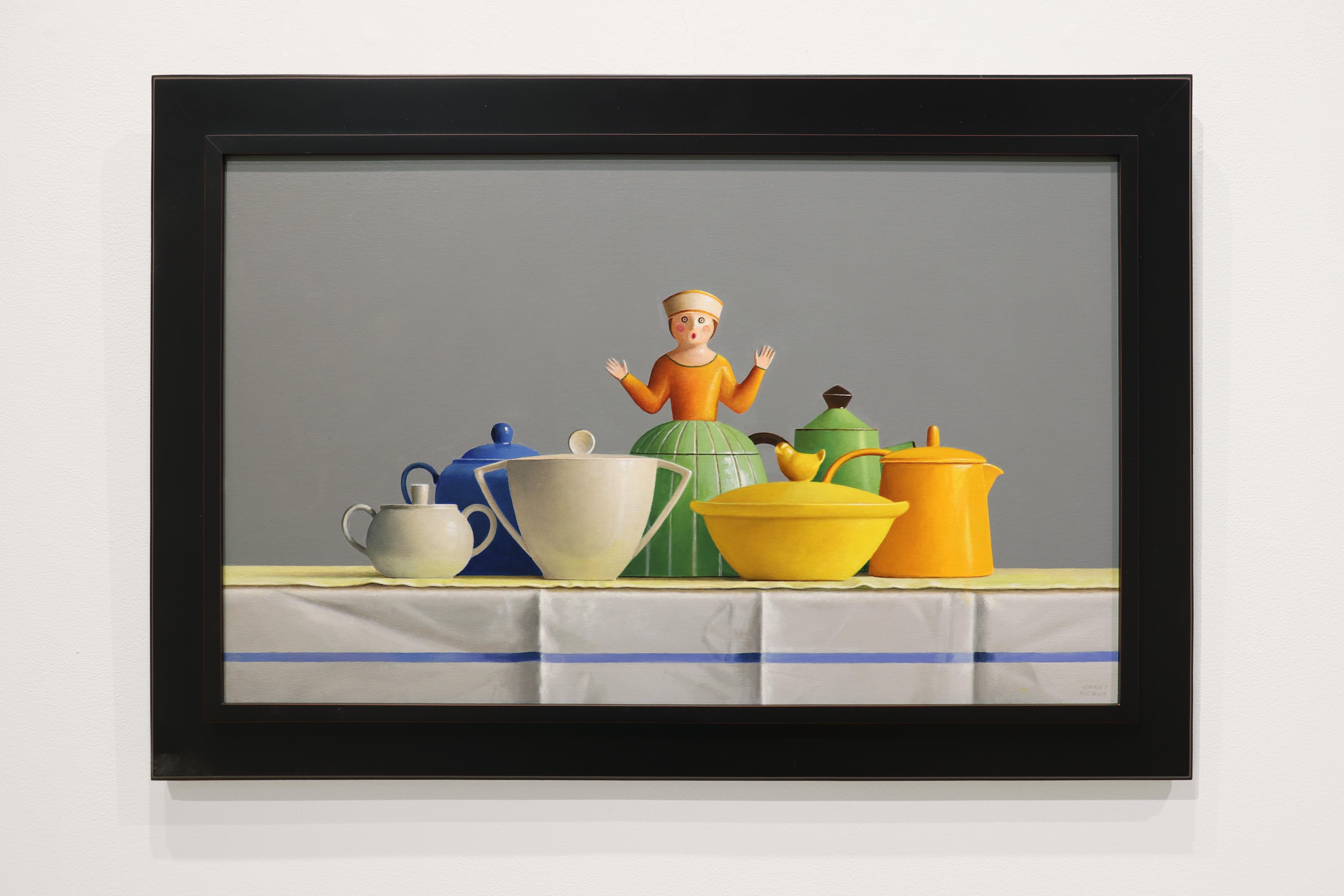 KEEP A LID ON IT, Cups on a Table, Sugar Pot, Green, Blue, Yellow, Still-Life - Painting by Janet Rickus