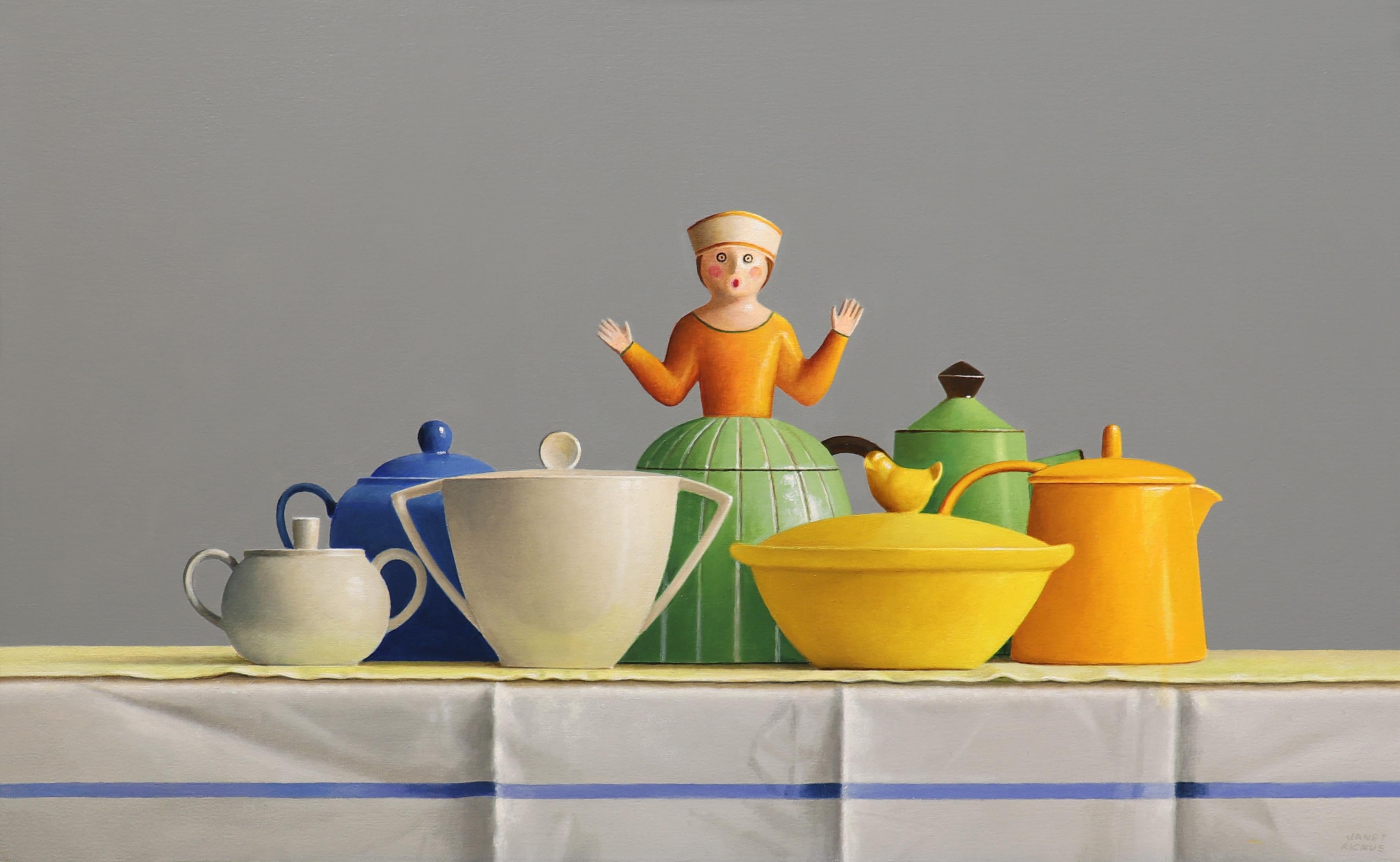 Janet Rickus Still-Life Painting - KEEP A LID ON IT, Cups on a Table, Sugar Pot, Green, Blue, Yellow, Still-Life