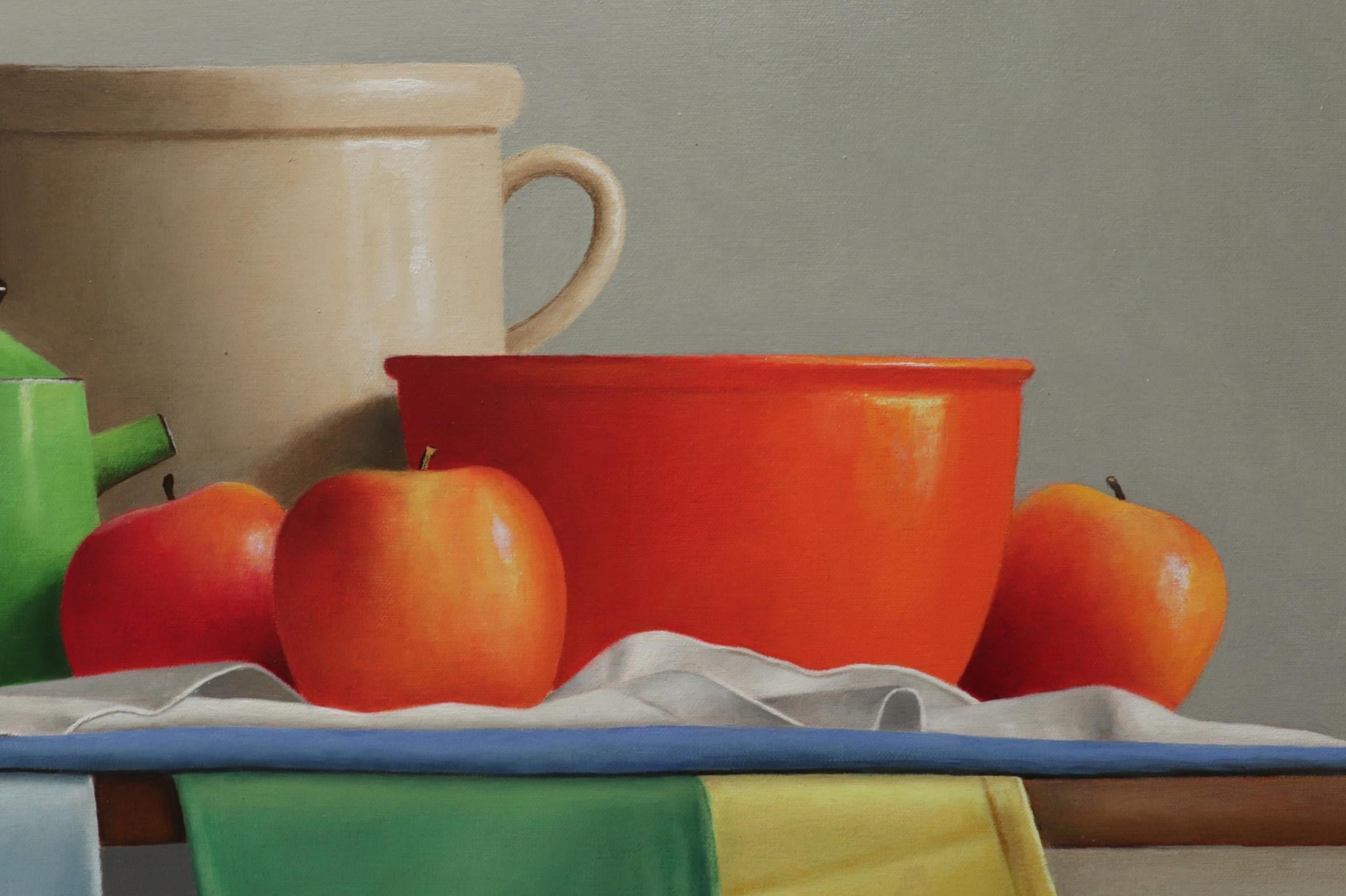 LILI'S JARRE II - Contemporary Realism / Color Still Life / Fruit & Pottery - Gray Still-Life Painting by Janet Rickus