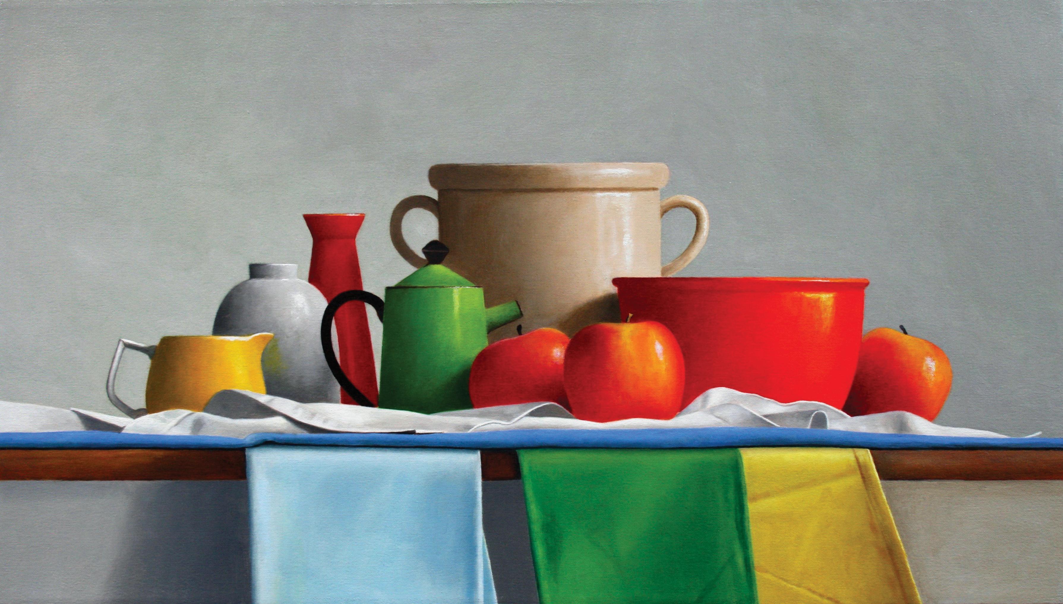 LILI'S JARRE II, still life, fruit and bowls, photo-realism, primary colors