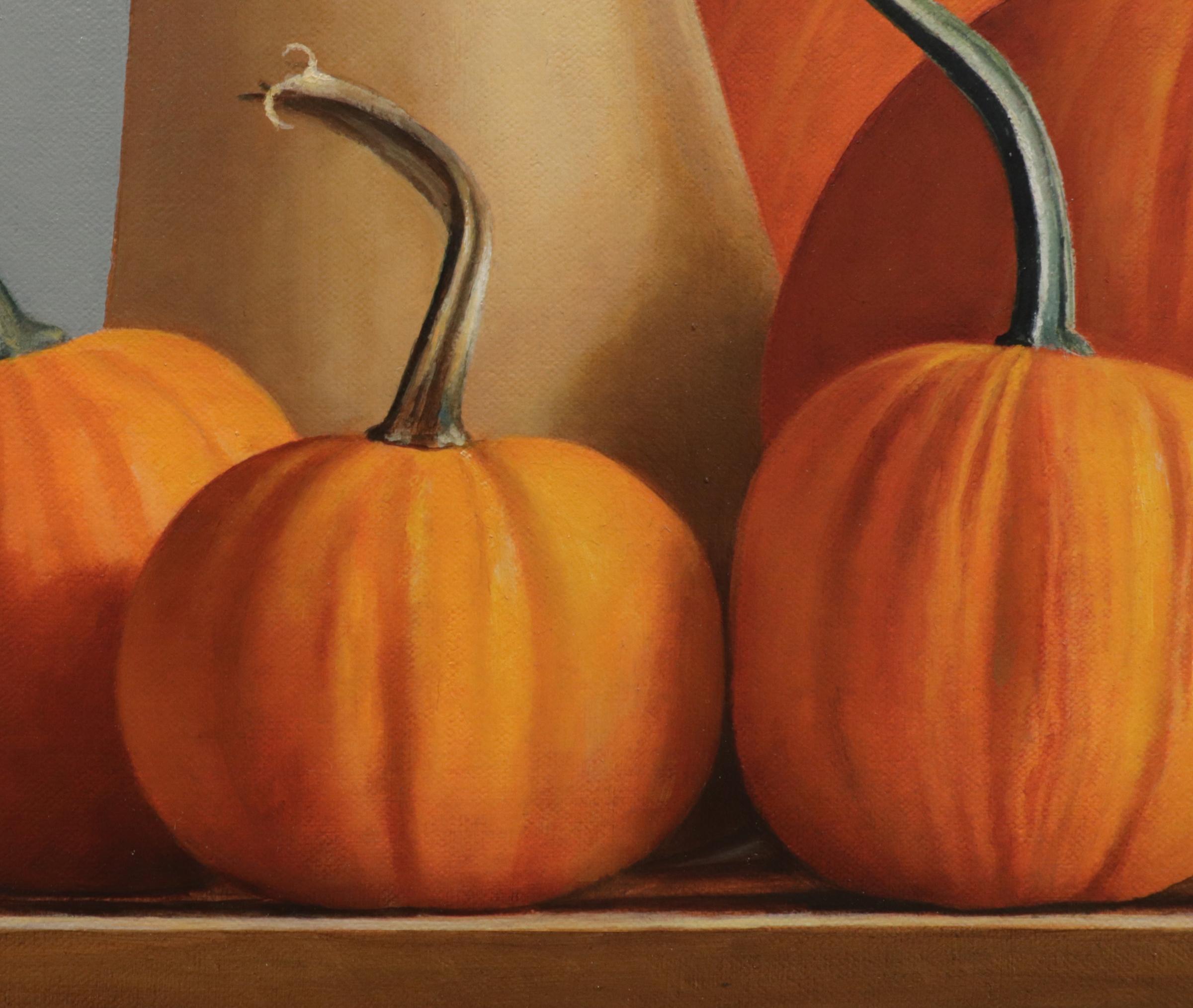 SQUASH AND PUMPKINS, photo-realism, still life, fruits and vegetables, orange - American Realist Painting by Janet Rickus