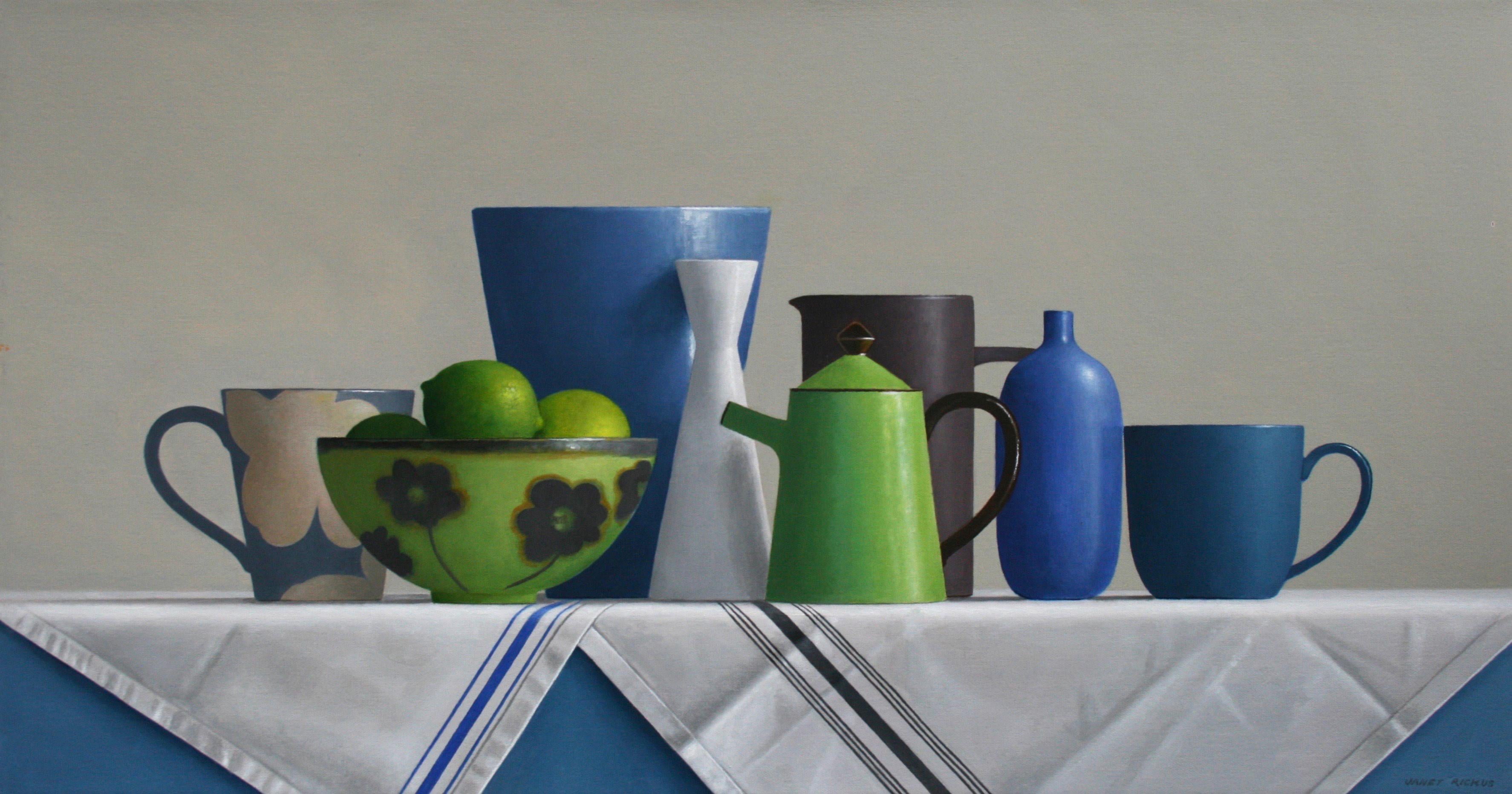 STILL LIFE WITH POTTERY, contemporary academic realism, green, still life, 