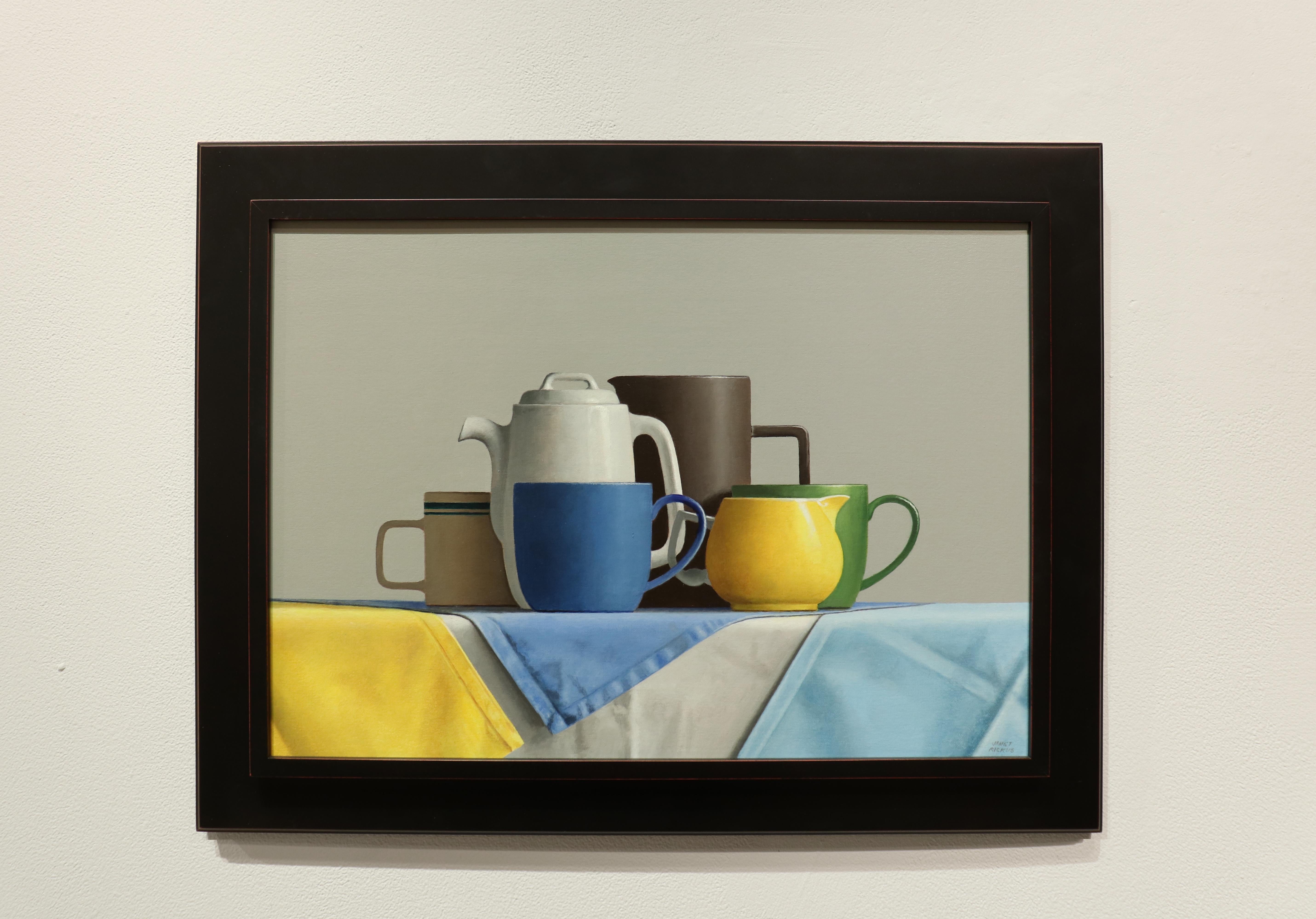 STILL LIFE WITH TEASPOON, hyper-realist, cups on table, realism, fabric - Painting by Janet Rickus