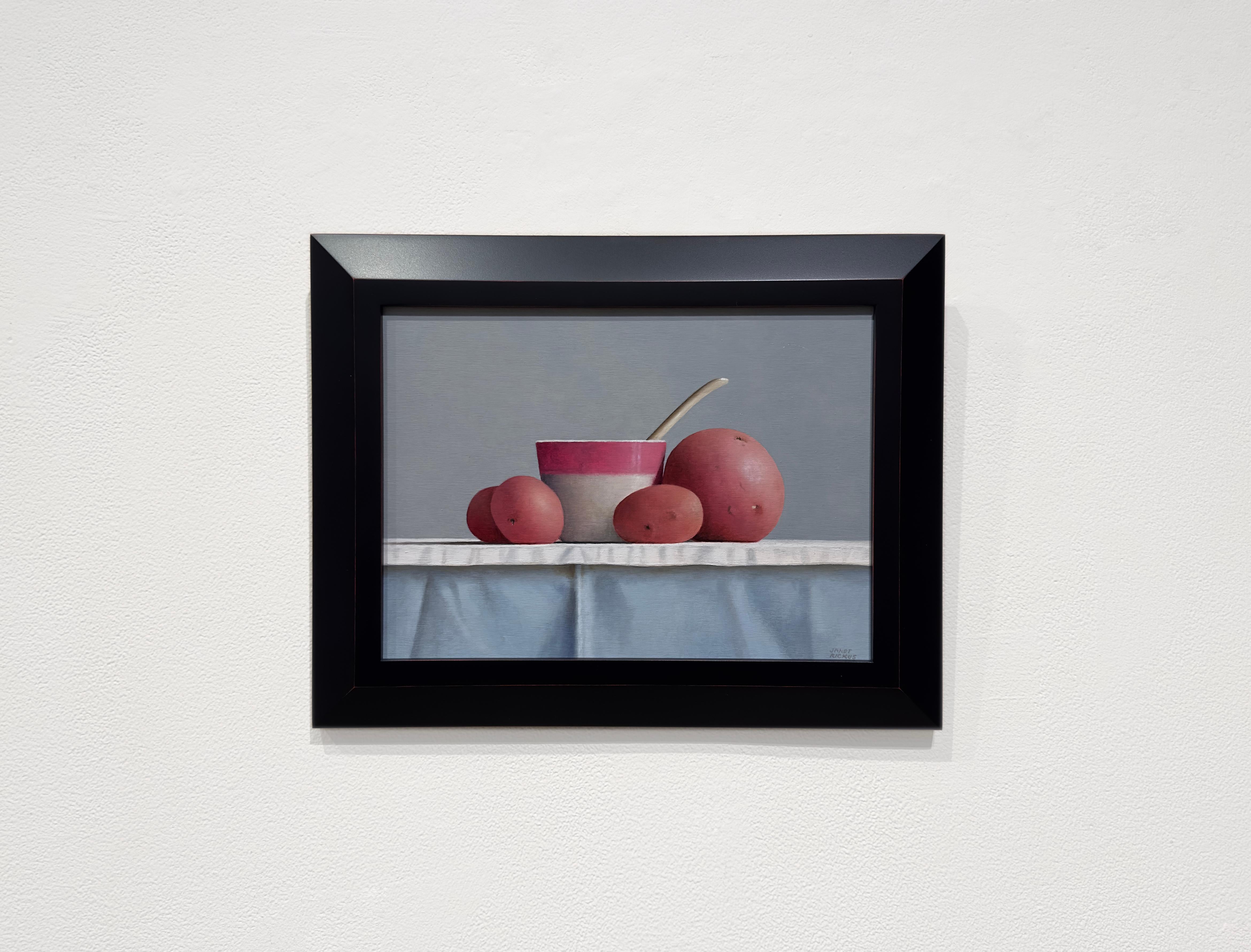 ROSE-RIMMED - Realism / Contemporary Kitchen Still Life / Potatoes - Painting by Janet Rickus