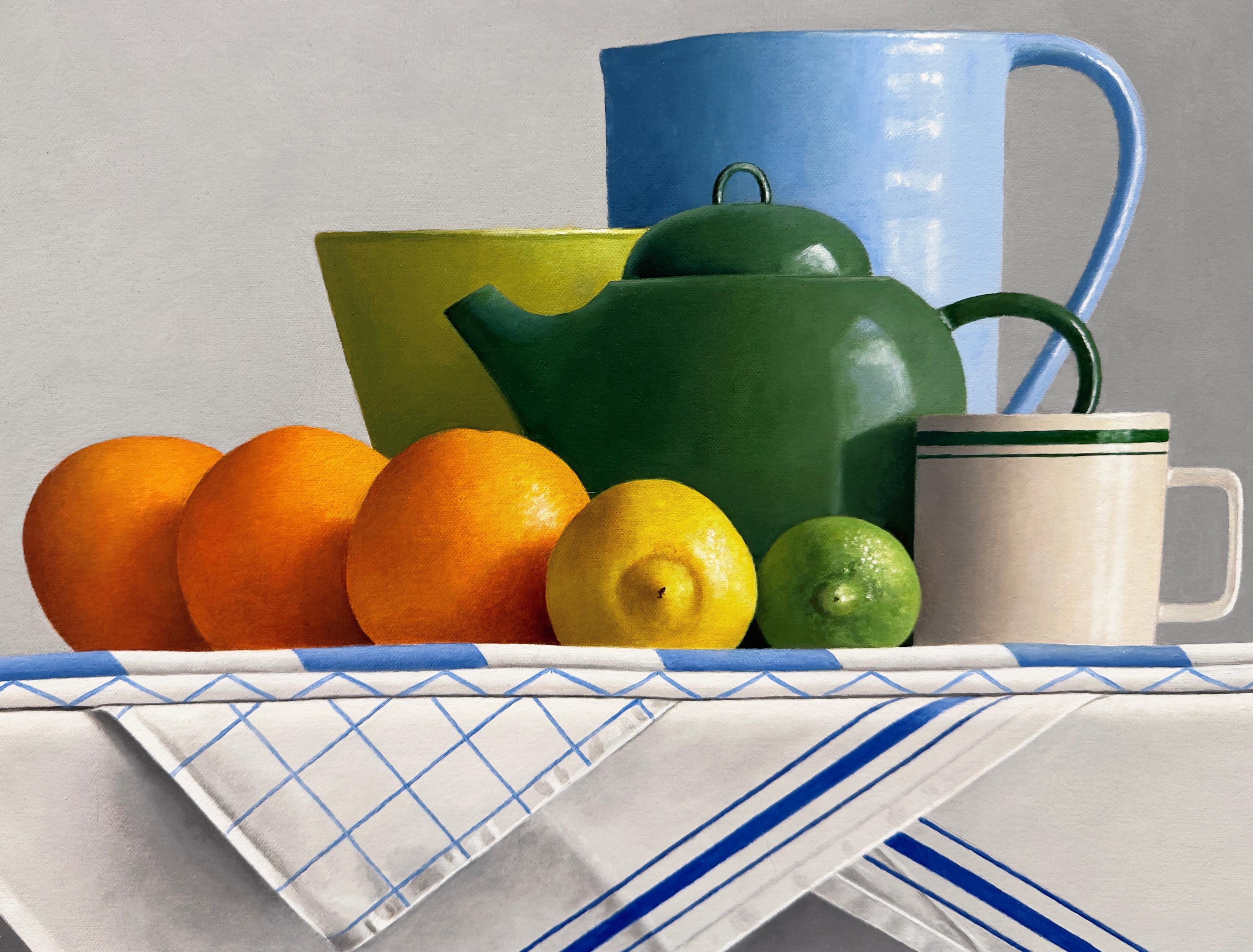 VIDA FIJA CON CITRUS - Fruta / Bodegón de cocina / Colorido / Realismo - Still-Life Painting Gris de Janet Rickus