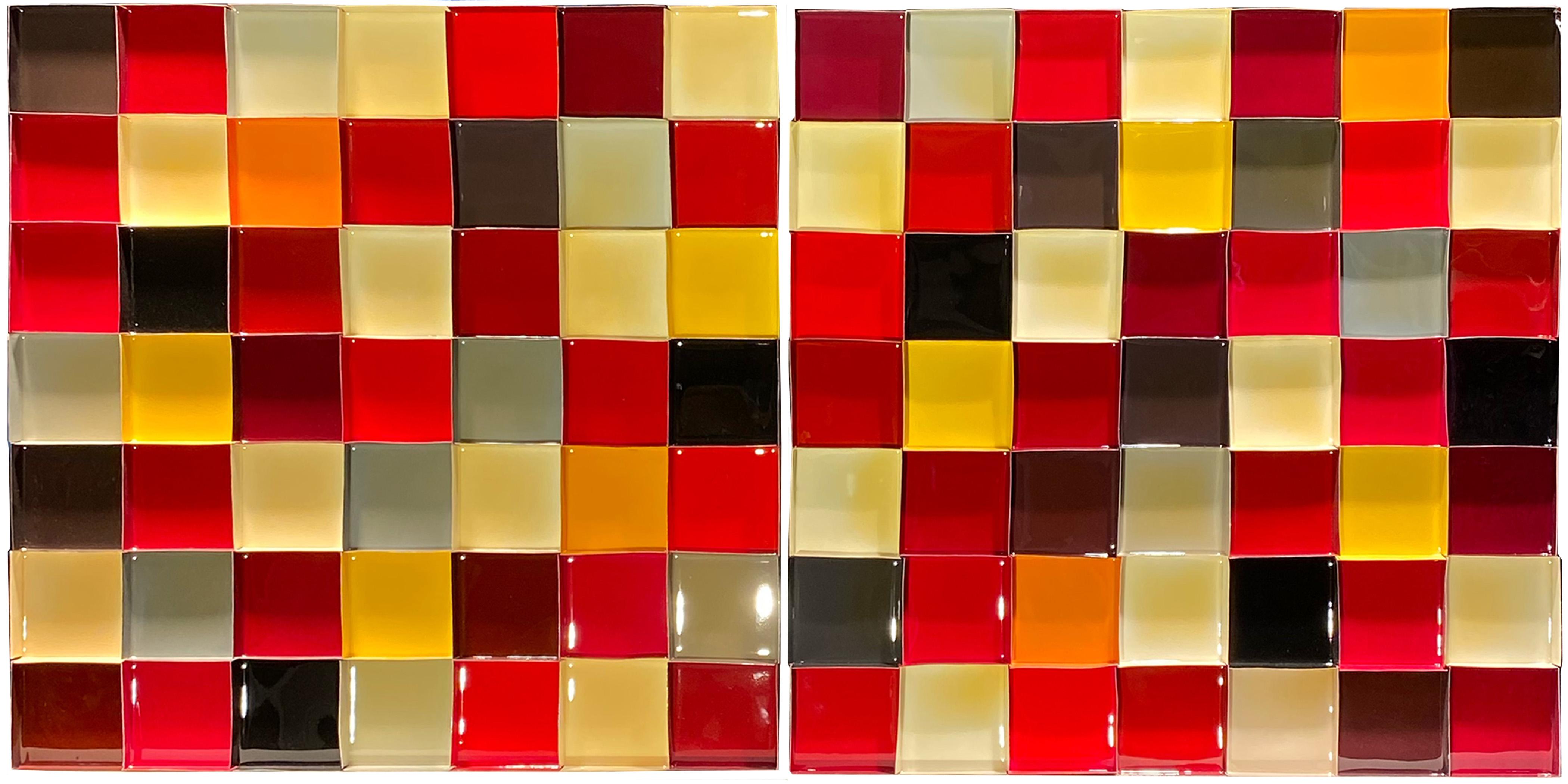 'Red Diptych' Geometric Wall Art - Mixed Media Art by Janet Sherman