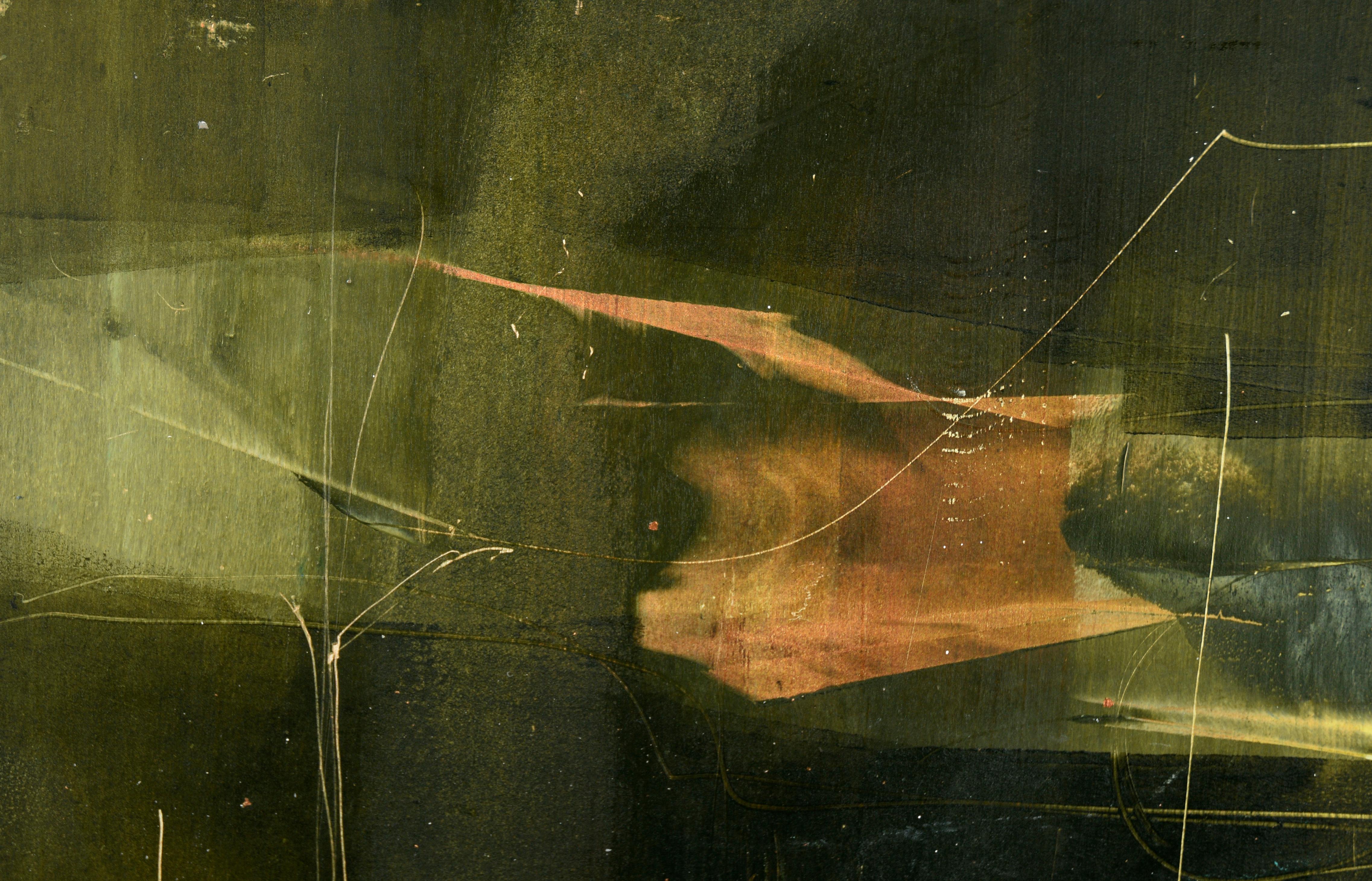 Composition abstraite River 2 en acrylique et feuille d'or sur panneau de bois - Painting de Janet Trenchard