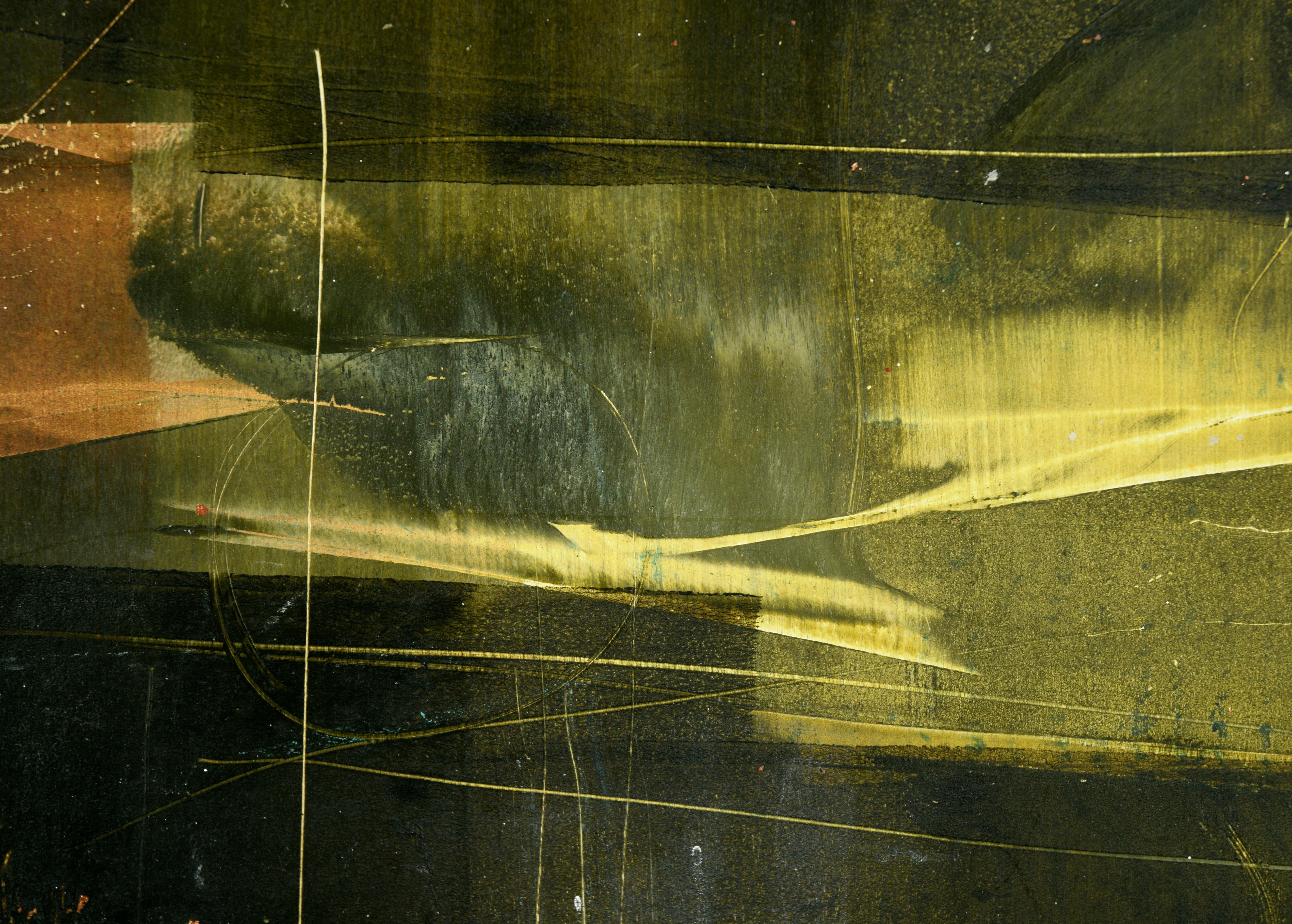 Composition abstraite River 2 en acrylique et feuille d'or sur panneau de bois

Composition abstraite audacieuse de l'artiste californienne Janet Trenchard (américaine, née en 1947). Cette pièce est composée de couches de vert foncé riche et de