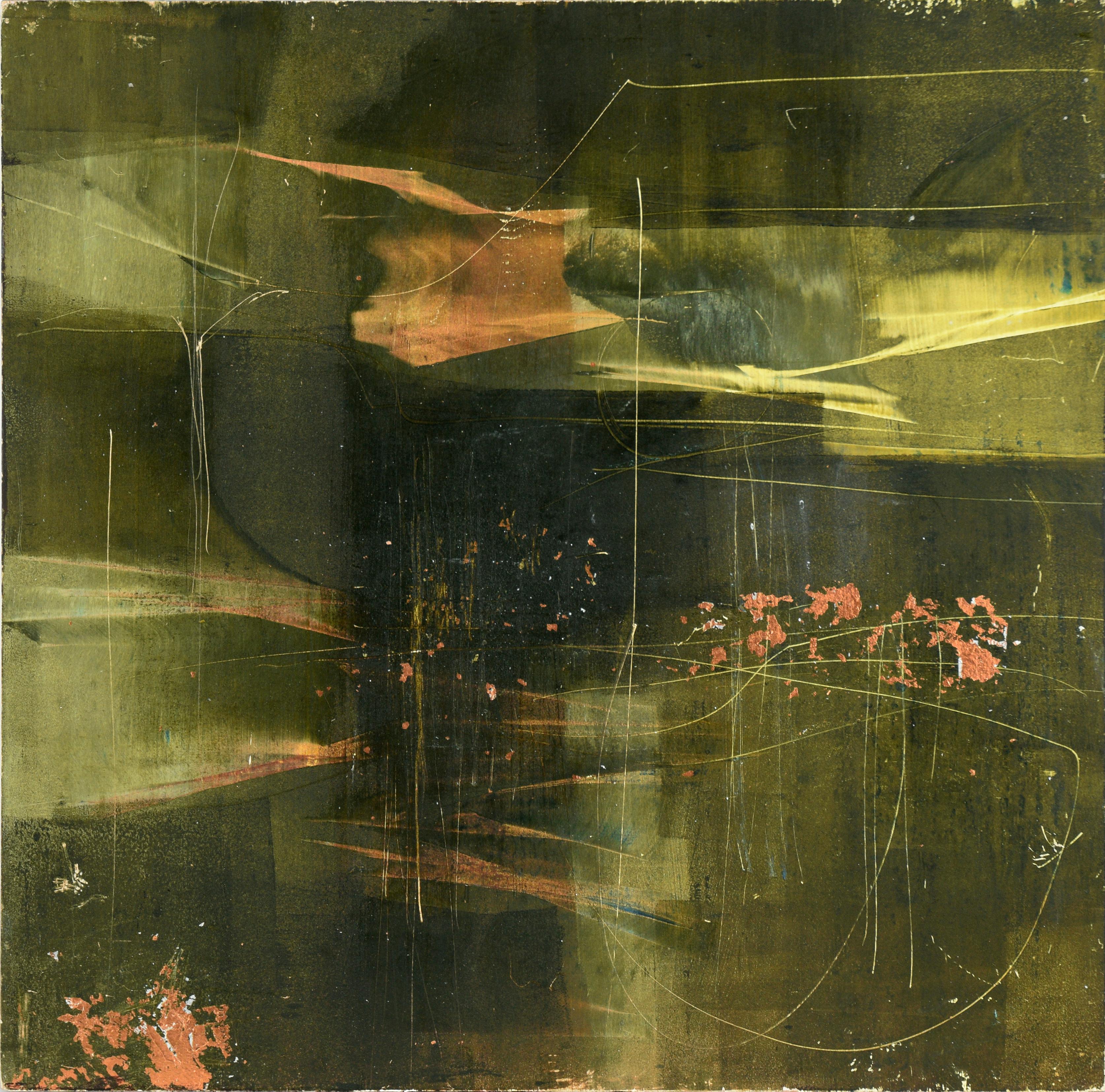 Abstract Painting Janet Trenchard - Composition abstraite River 2 en acrylique et feuille d'or sur panneau de bois