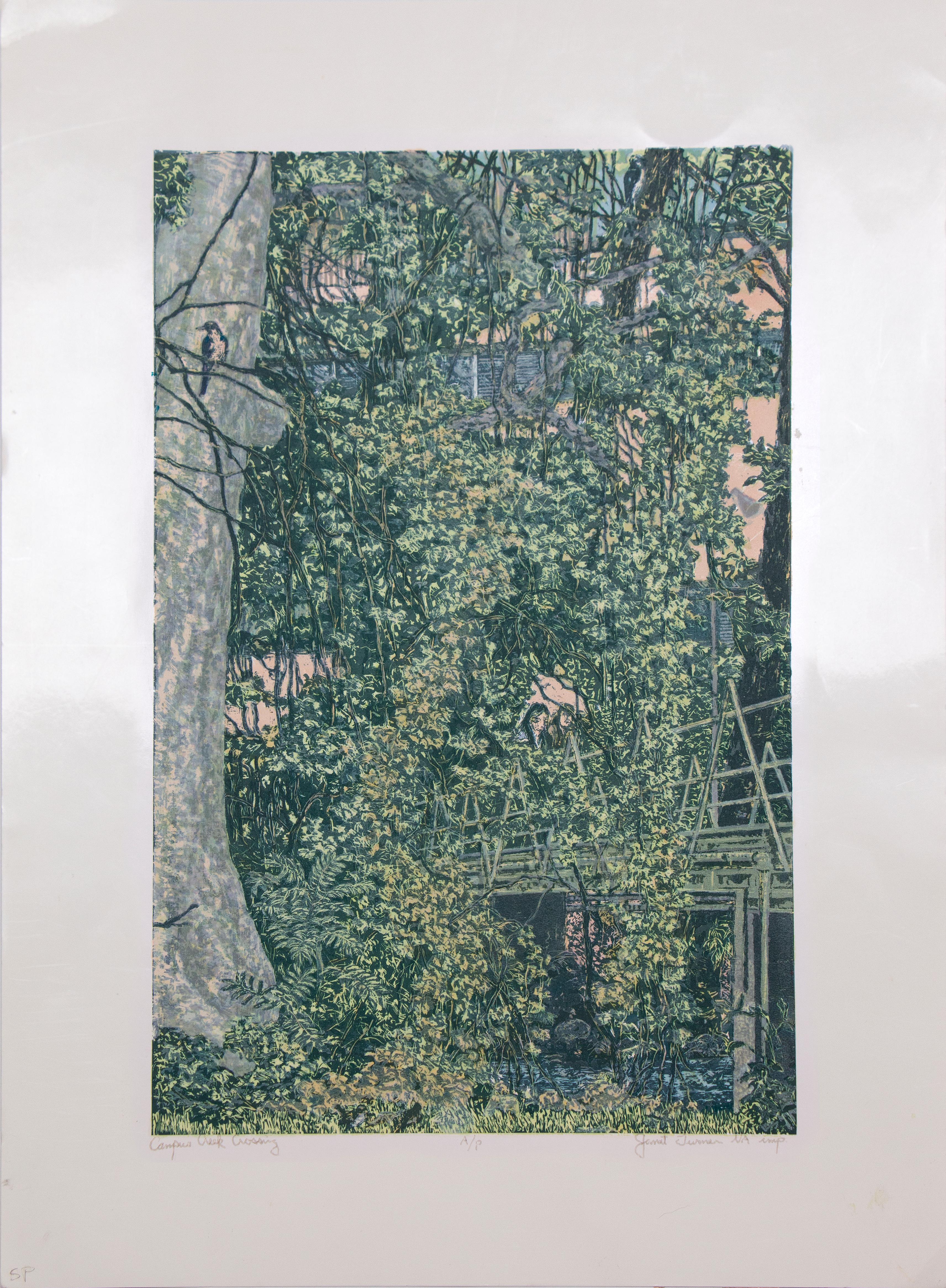 The artist, Janet Turner, combines the techniques of lithograph and serigraph to create this print of a bridge crossing over a creek in heavy foliage.  The trees' ivy and leaves are rendered in lush greens and grays, with blue water at the bottom. 