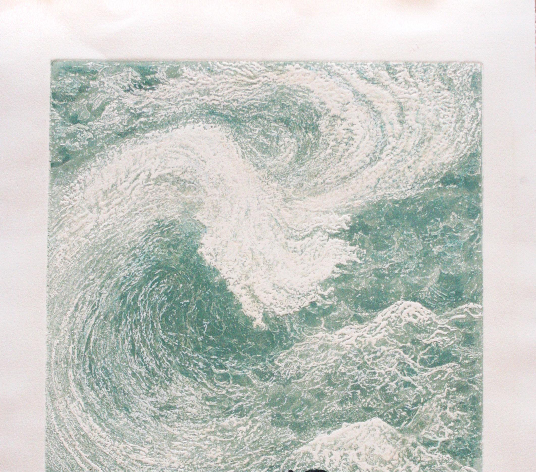 This print combines the techniques if intaglio and serigraphy.  The background is an ocean wave rendered with blues and greens, and there are black birds in the foreground. The work is matted and framed in a metallic frame. 

Janet Turner (American,