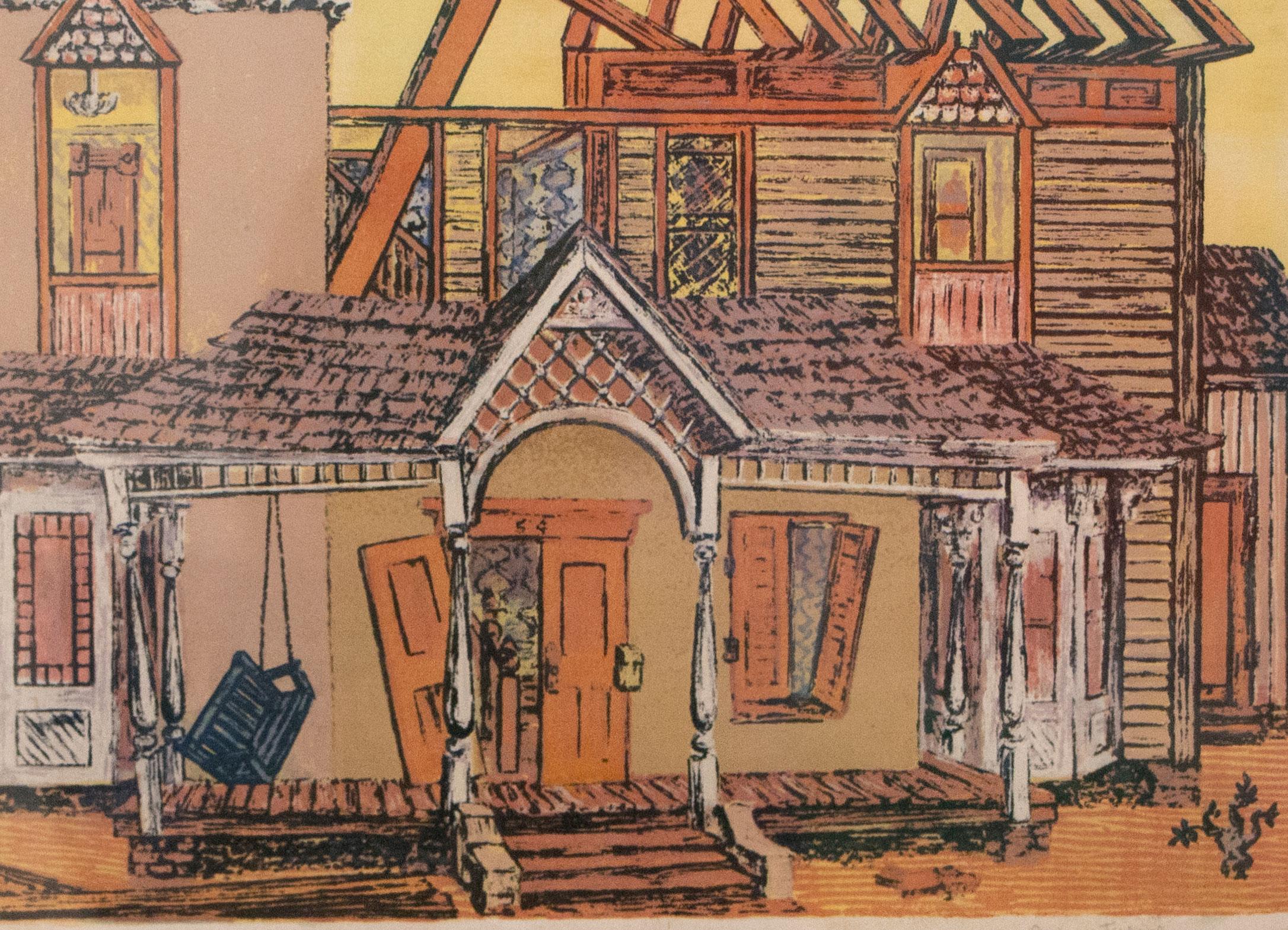 This colorful print by Janet Turner is a dilapidated building done in bright orange and yellow tones.  It is matted and framed in a dark wood frame. 

Janet Turner (American, 1914-1988)
The Porch Swing, circa 1950s
Serigraph
11 ½ x 16 inches
18 ¾ x