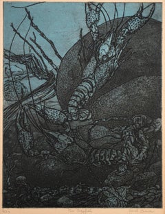 "Two Crayfish," metal relief etching/aquatint by Janet Turner