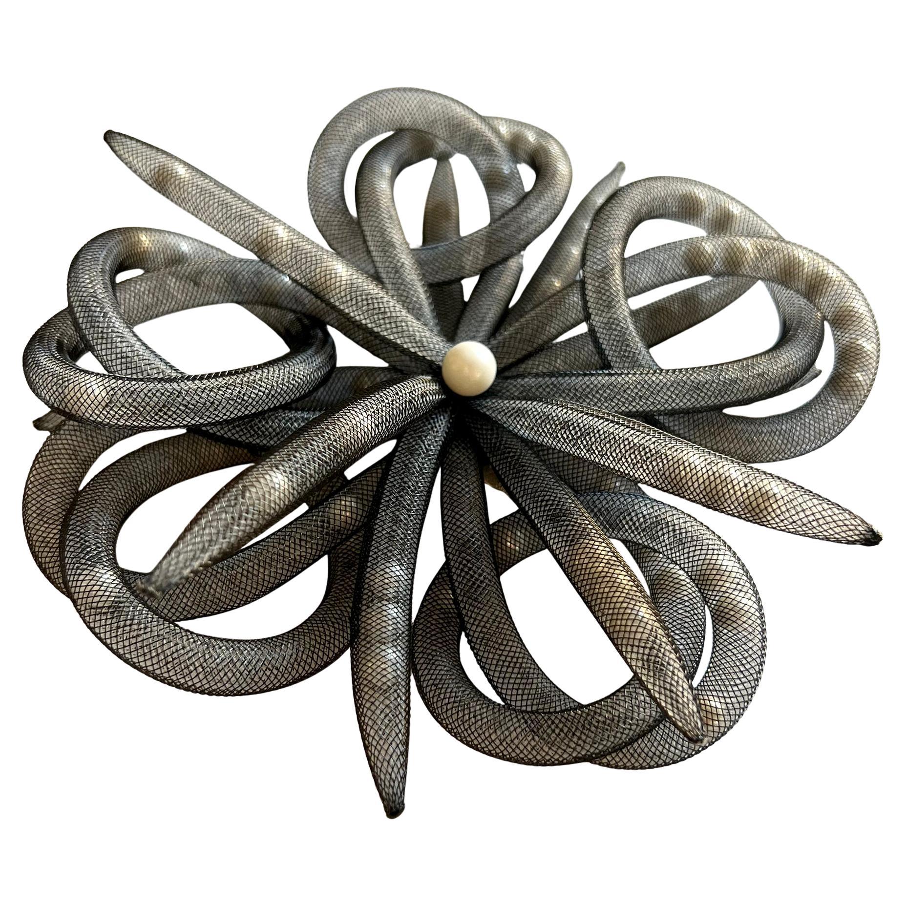 Artisan Janete Zamboni De Farro Italian Mesh and Pearl Oversized Brooch For Sale