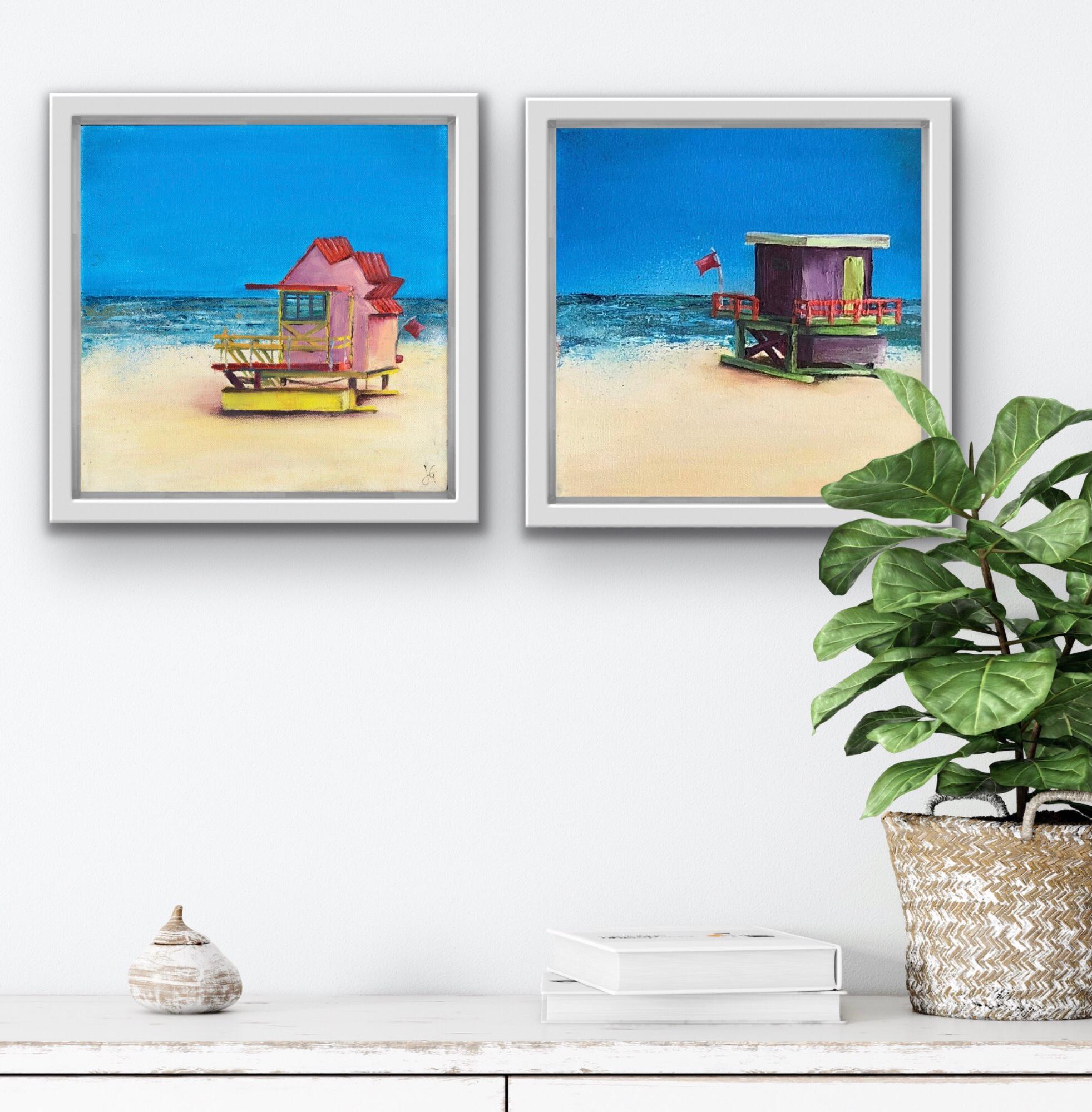 BEACH HUT PURPLE und BEACH HUT PURPLE Diptychon – Painting von Janette George