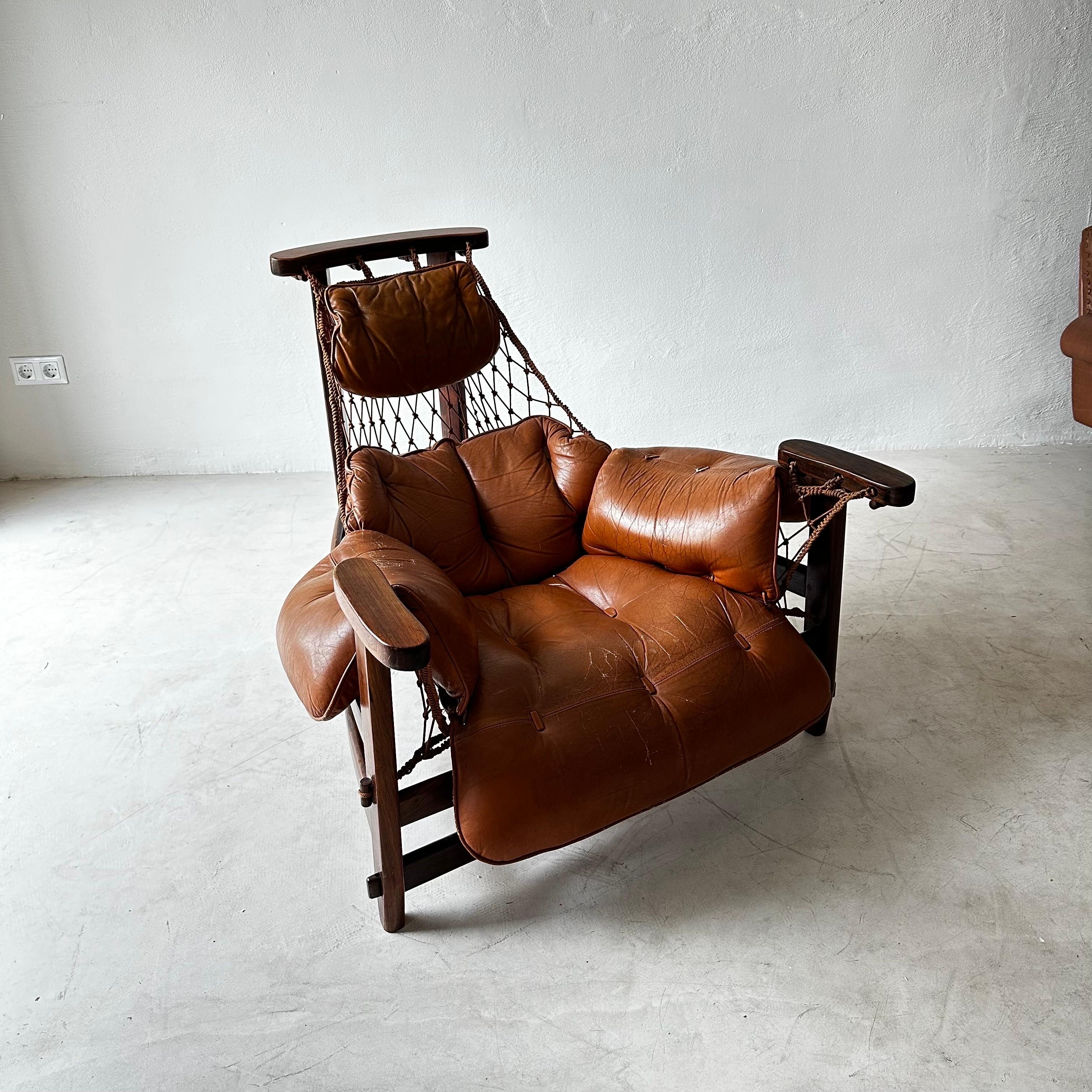 Jangada Chair in Patinated Cognac Leather by Wood Art Signed, Brazil, 1960s 3