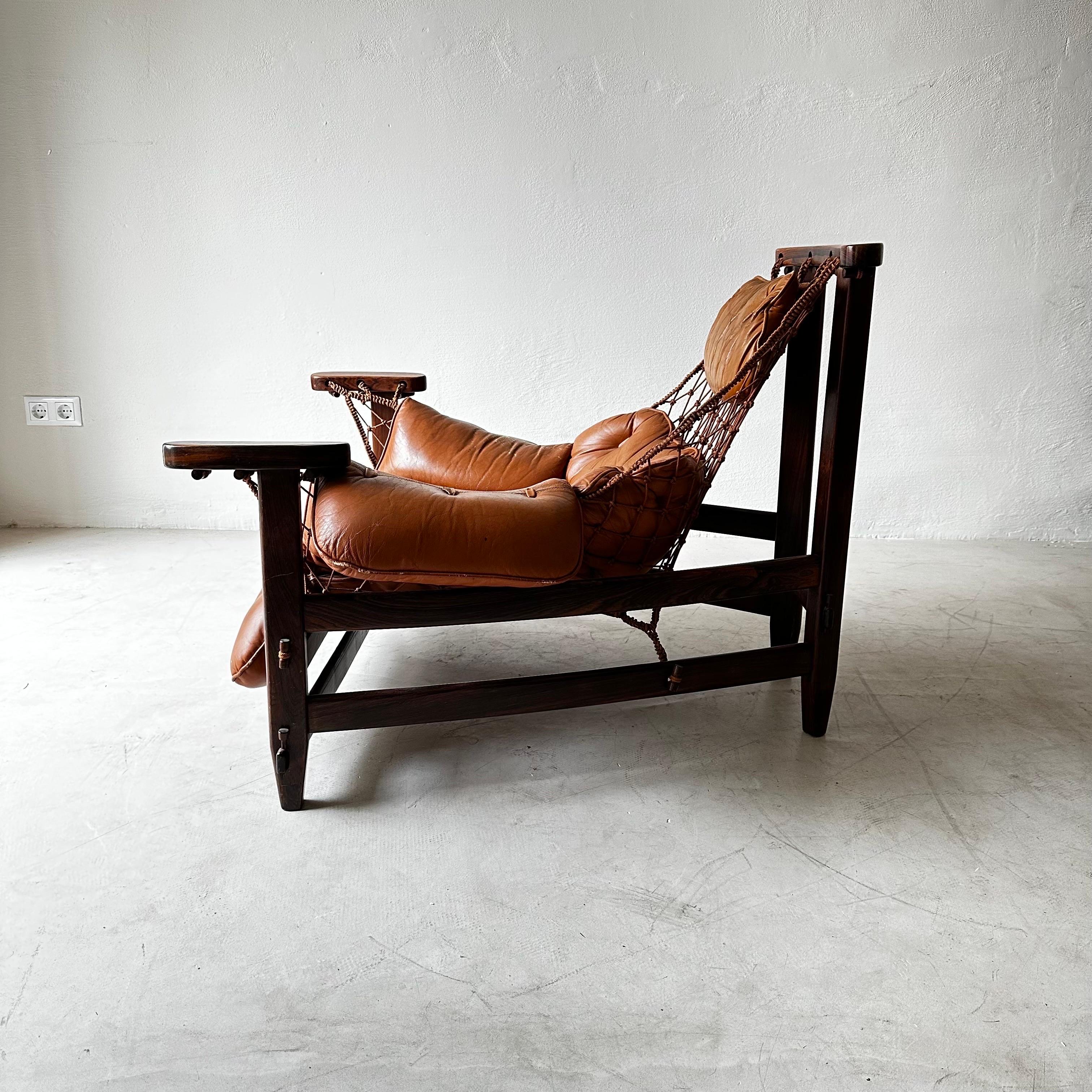 Mid-Century Modern Jangada Chair in Patinated Cognac Leather by Wood Art Signed, Brazil, 1960s
