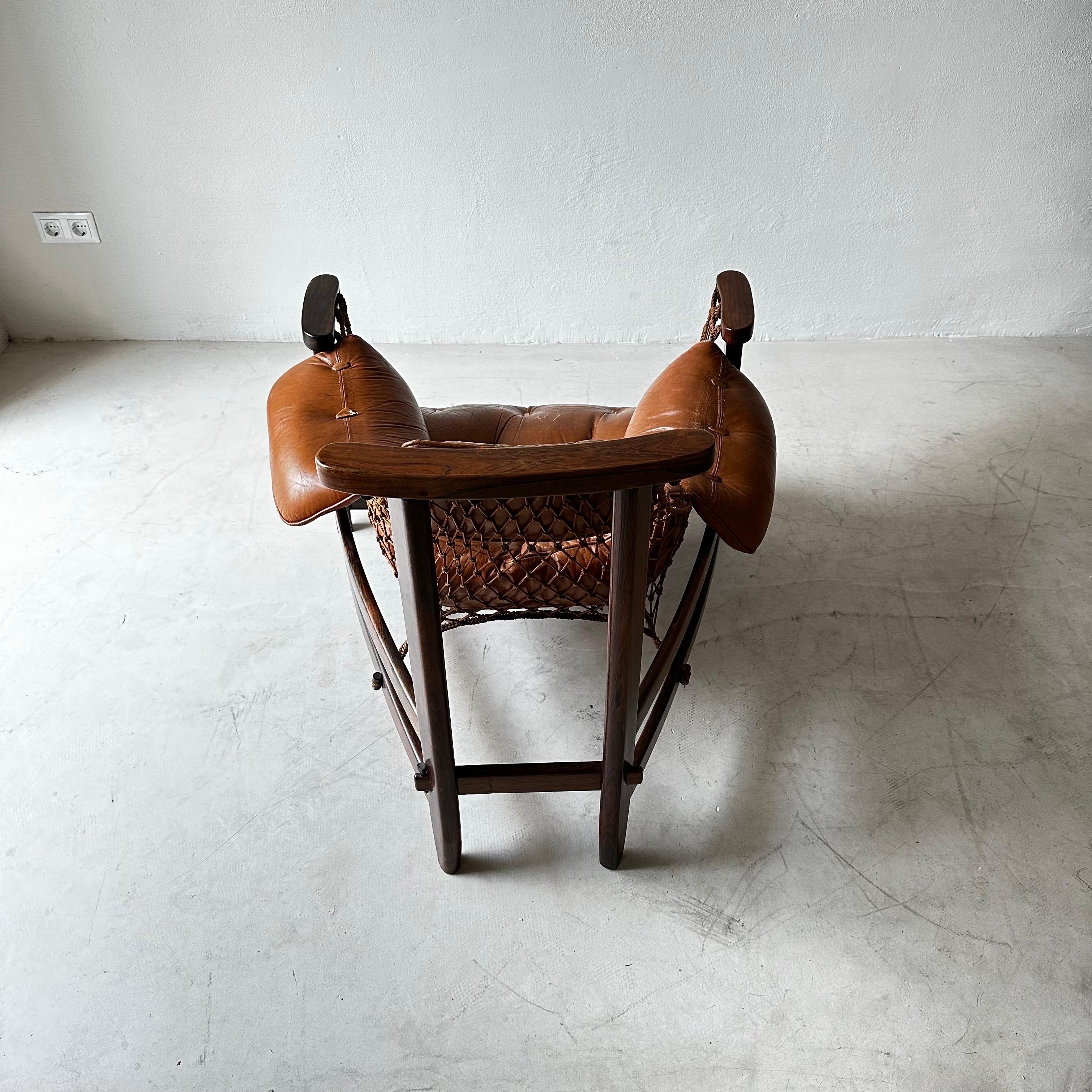 Jangada Chair in Patinated Cognac Leather by Wood Art Signed, Brazil, 1960s 1