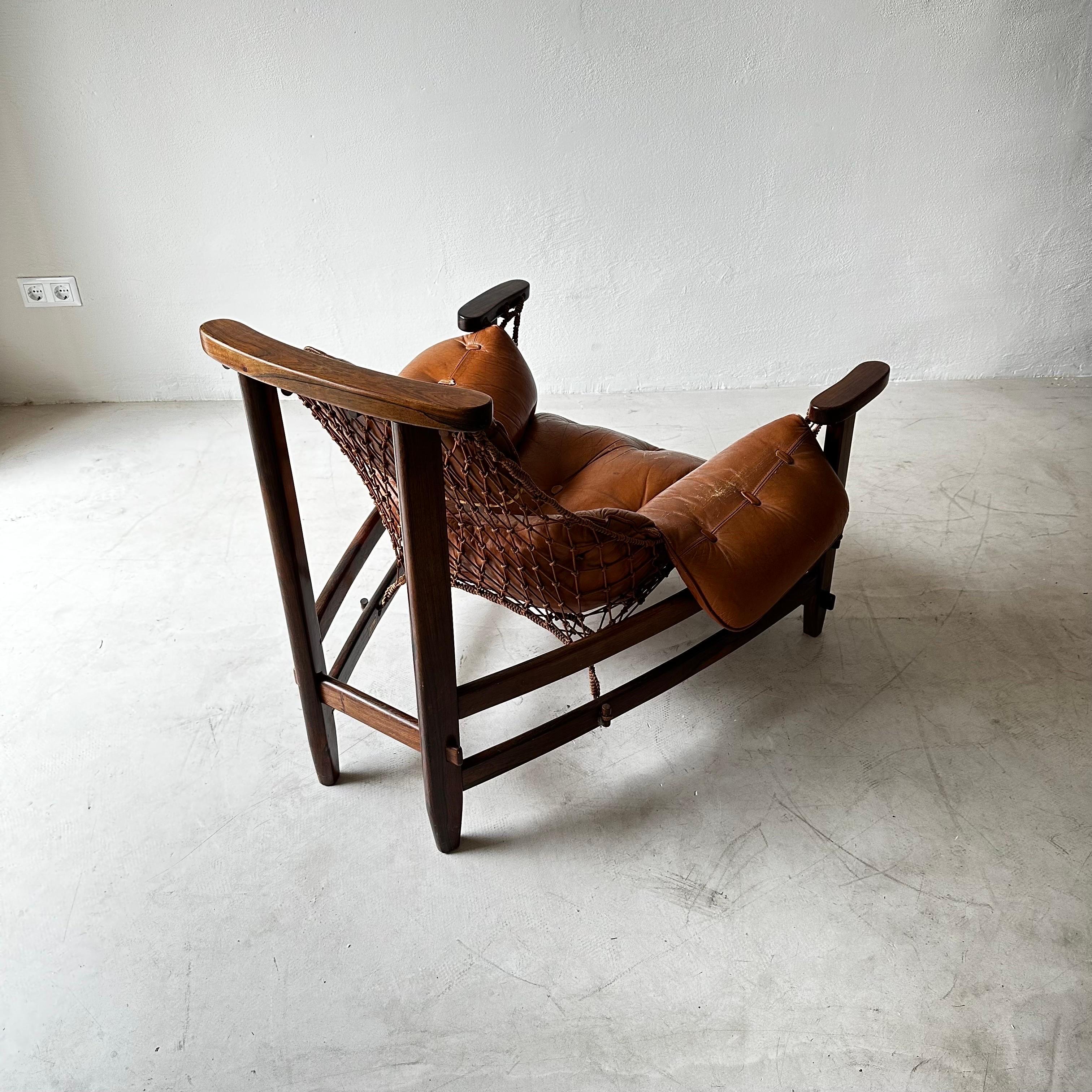 Jangada Chair in Patinated Cognac Leather by Wood Art Signed, Brazil, 1960s 2