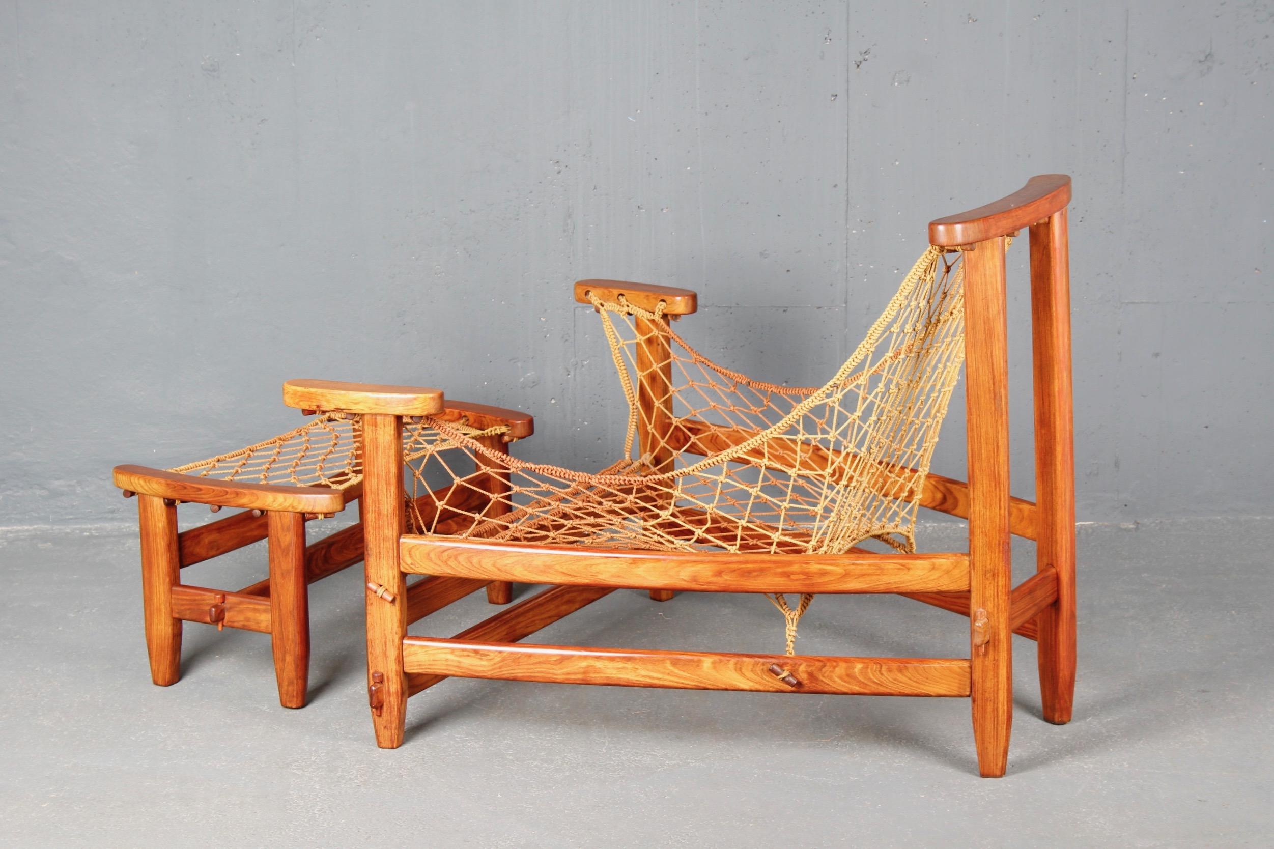 Leather Jangada Jacaranda Lounge Chair, Ottoman, Jean Gillon Italma Wood Art Brazil 1968