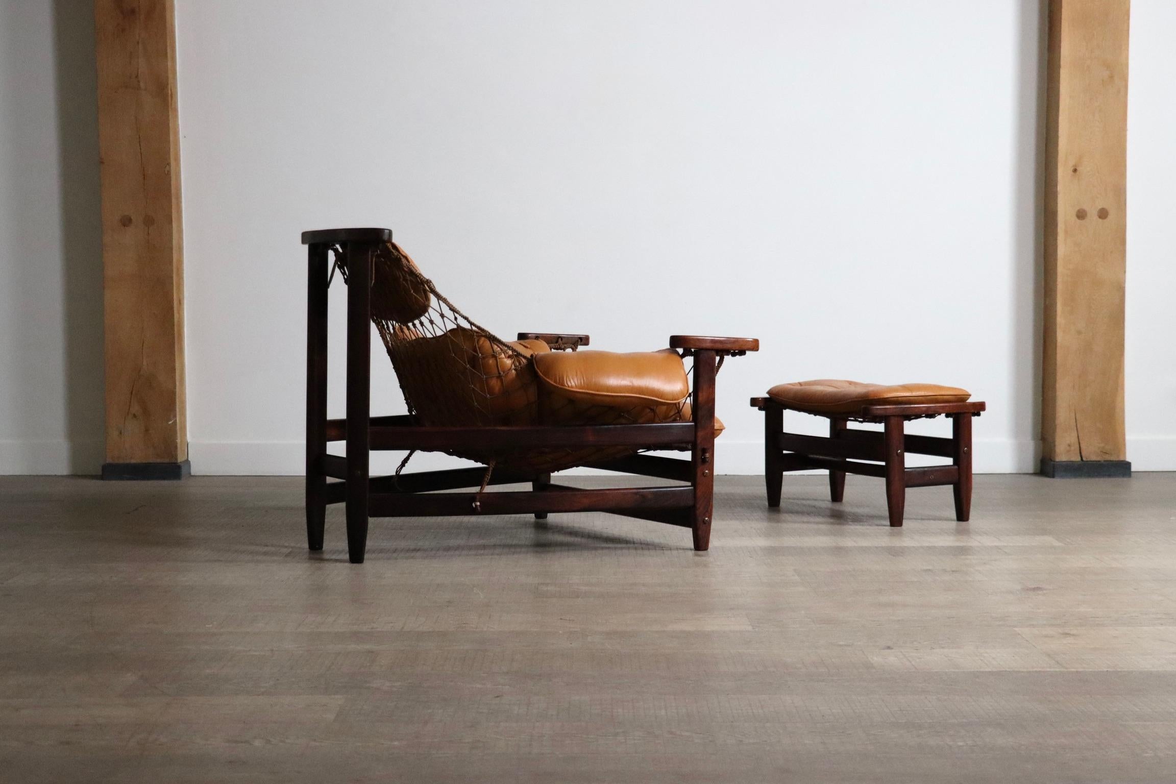 Jangada Lounge Chair with ottoman in Cognac Leather by Jean Gillon Brazil 1960s 9