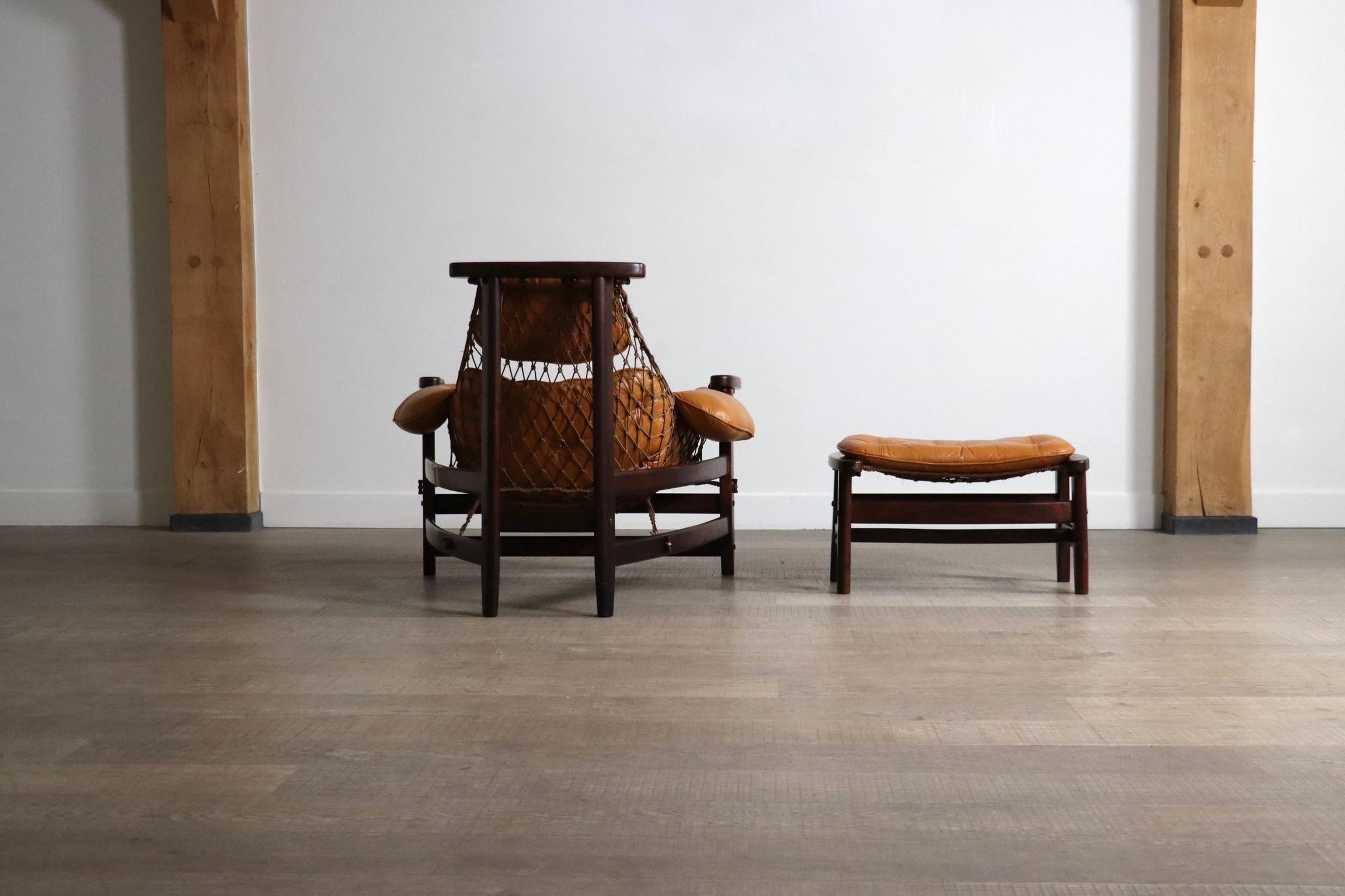 Jangada Lounge Chair with ottoman in Cognac Leather by Jean Gillon Brazil 1960s 10