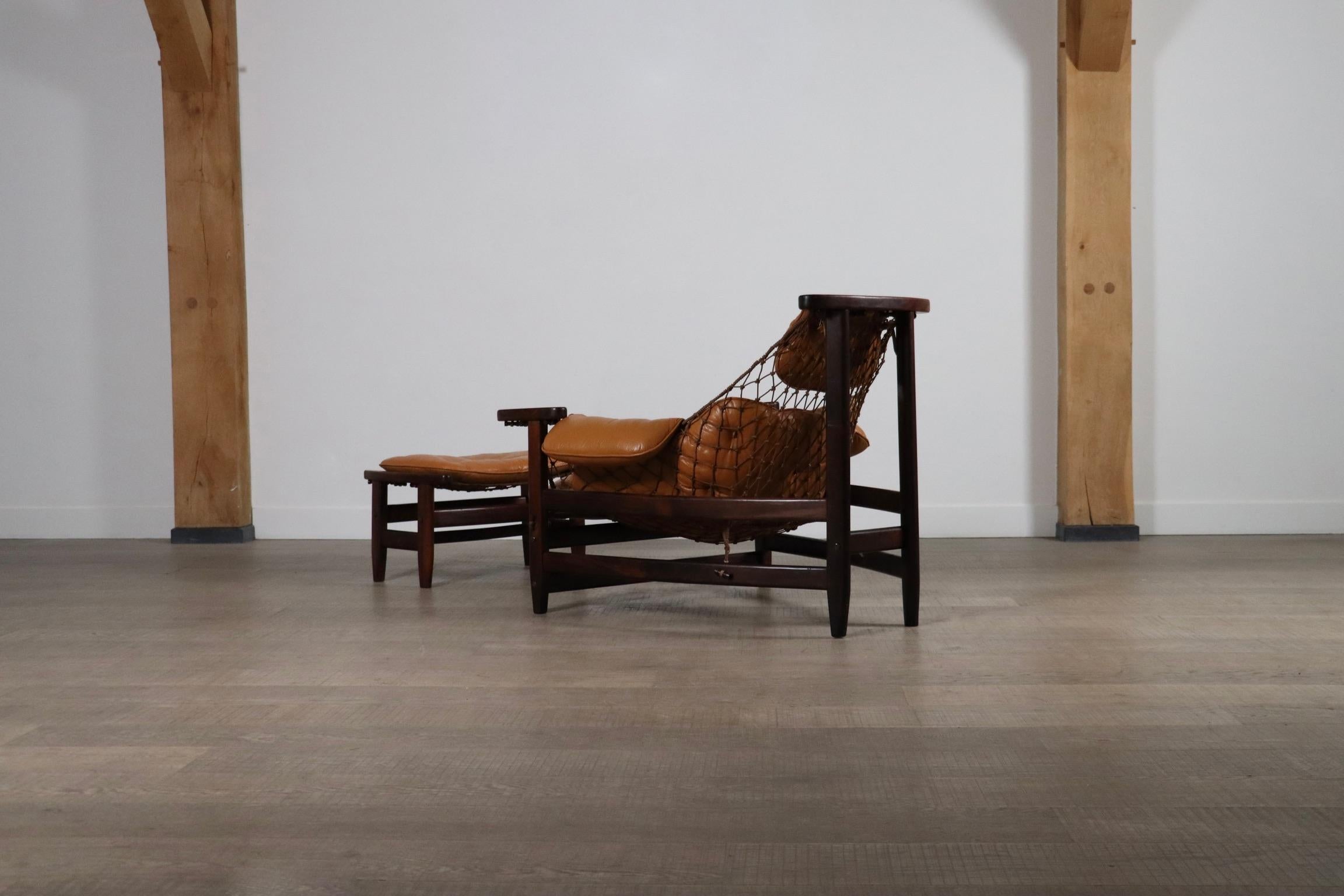 Jangada Lounge Chair with ottoman in Cognac Leather by Jean Gillon Brazil 1960s 12