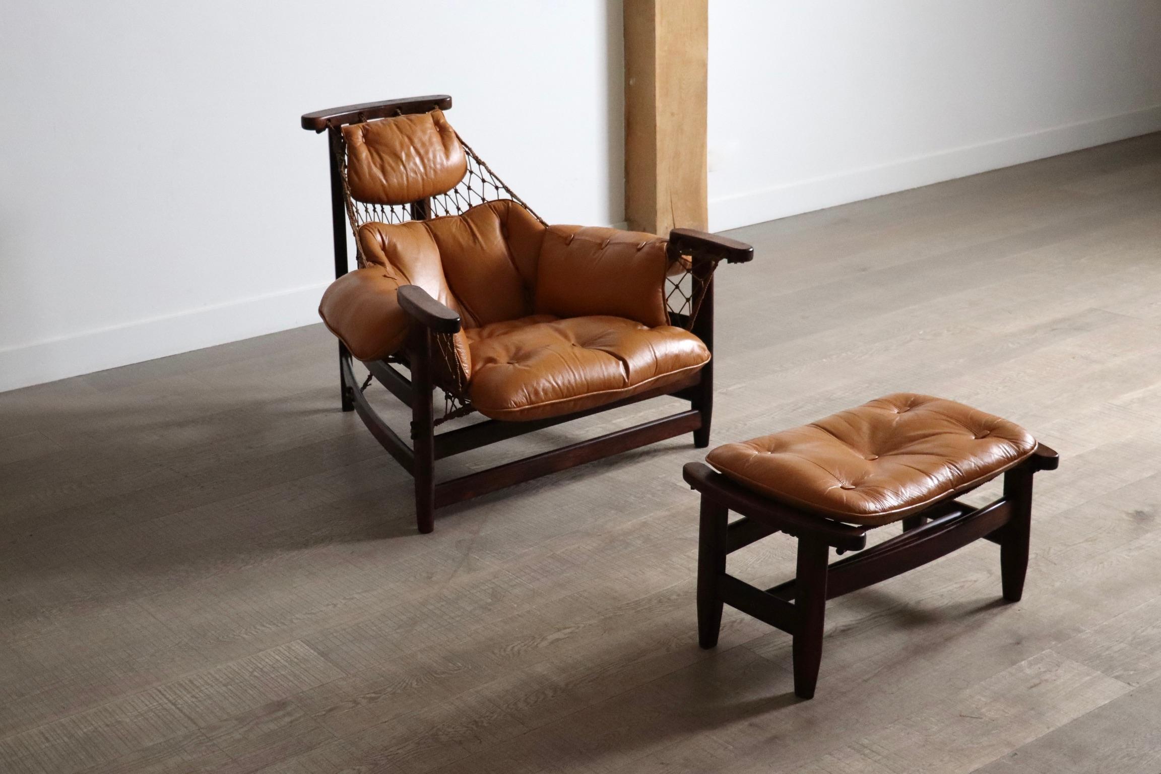 Mid-20th Century Jangada Lounge Chair with ottoman in Cognac Leather by Jean Gillon Brazil 1960s