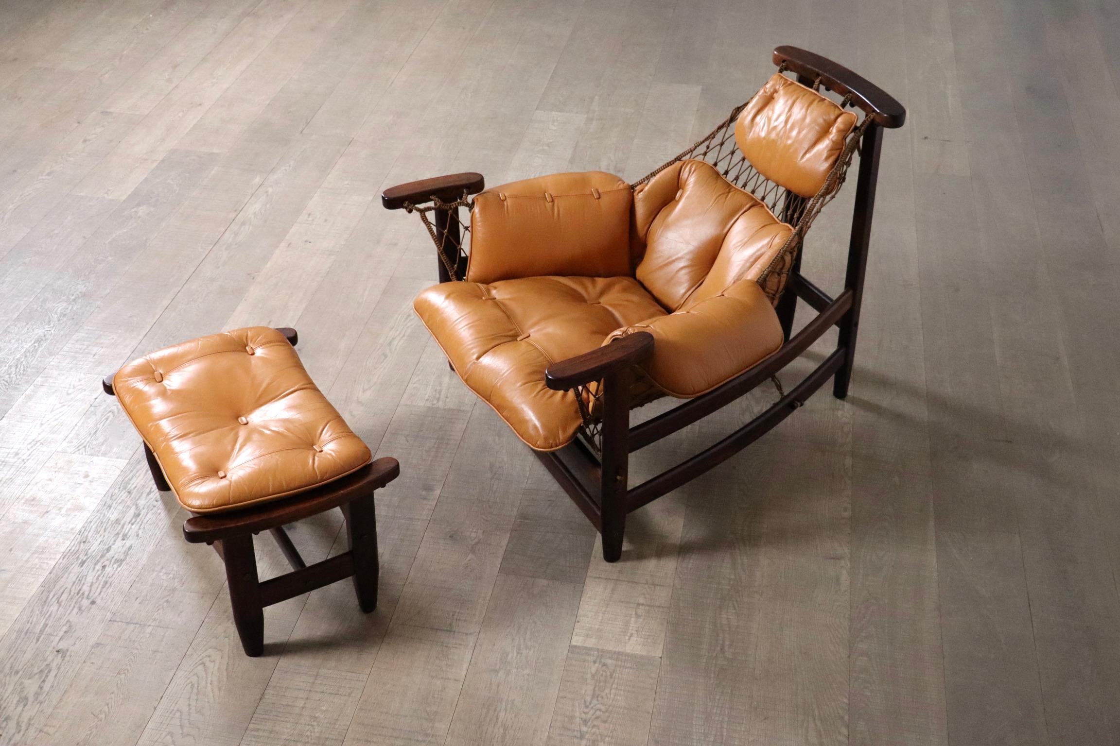 Brass Jangada Lounge Chair with ottoman in Cognac Leather by Jean Gillon Brazil 1960s