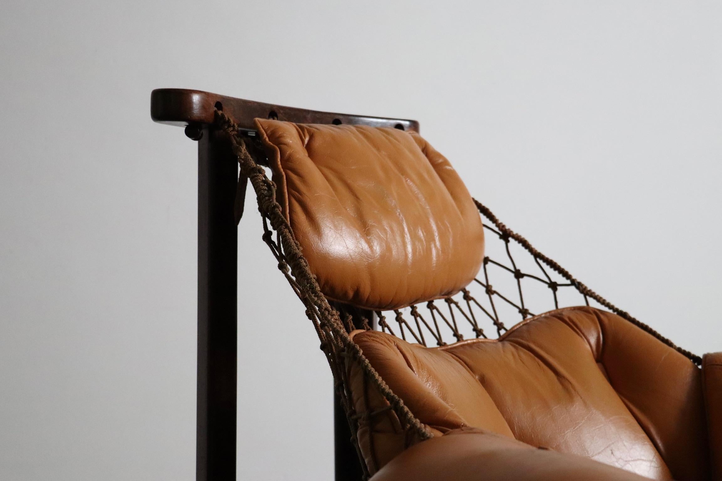 Jangada Lounge Chair with ottoman in Cognac Leather by Jean Gillon Brazil 1960s 4