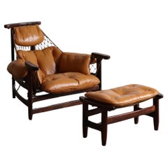 Jangada Lounge Chair with ottoman in Cognac Leather by Jean Gillon Brazil 1960s