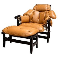 “Jangada” Lounge Chair with Ottoman in Hardwood & Leather, Jean Gillon, 1970s