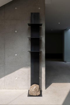 Contemporary Hand-sculpted Black Steel TOTEM with Organic Stone by Lee Sisan