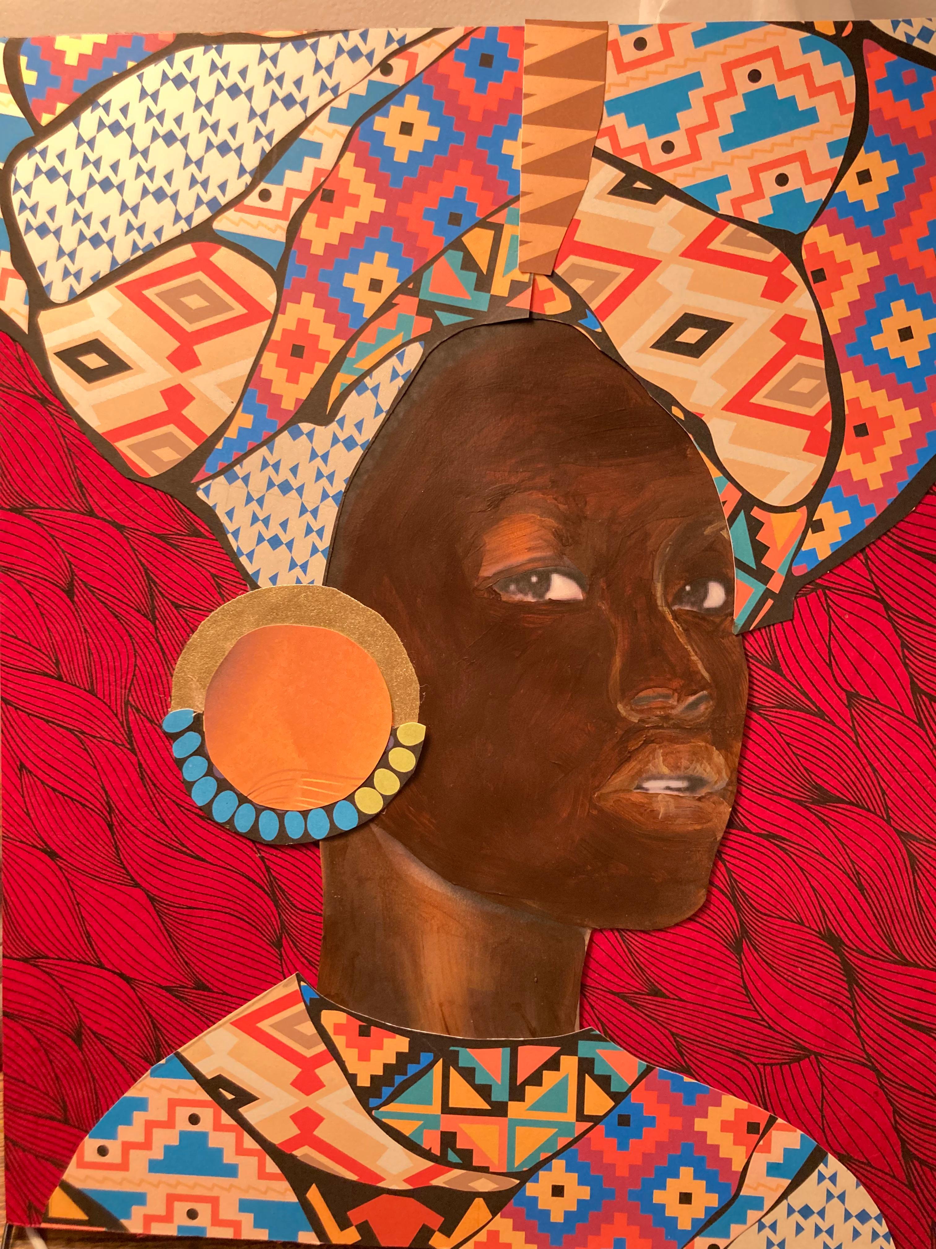 "African Flare" mixed media portrait of an African woman in red - Mixed Media Art by Janice Frame