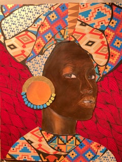 "African Flare" mixed media portrait of an African woman in red
