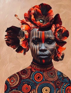 "Aisha" portrait of African woman with painted face and red flower headress