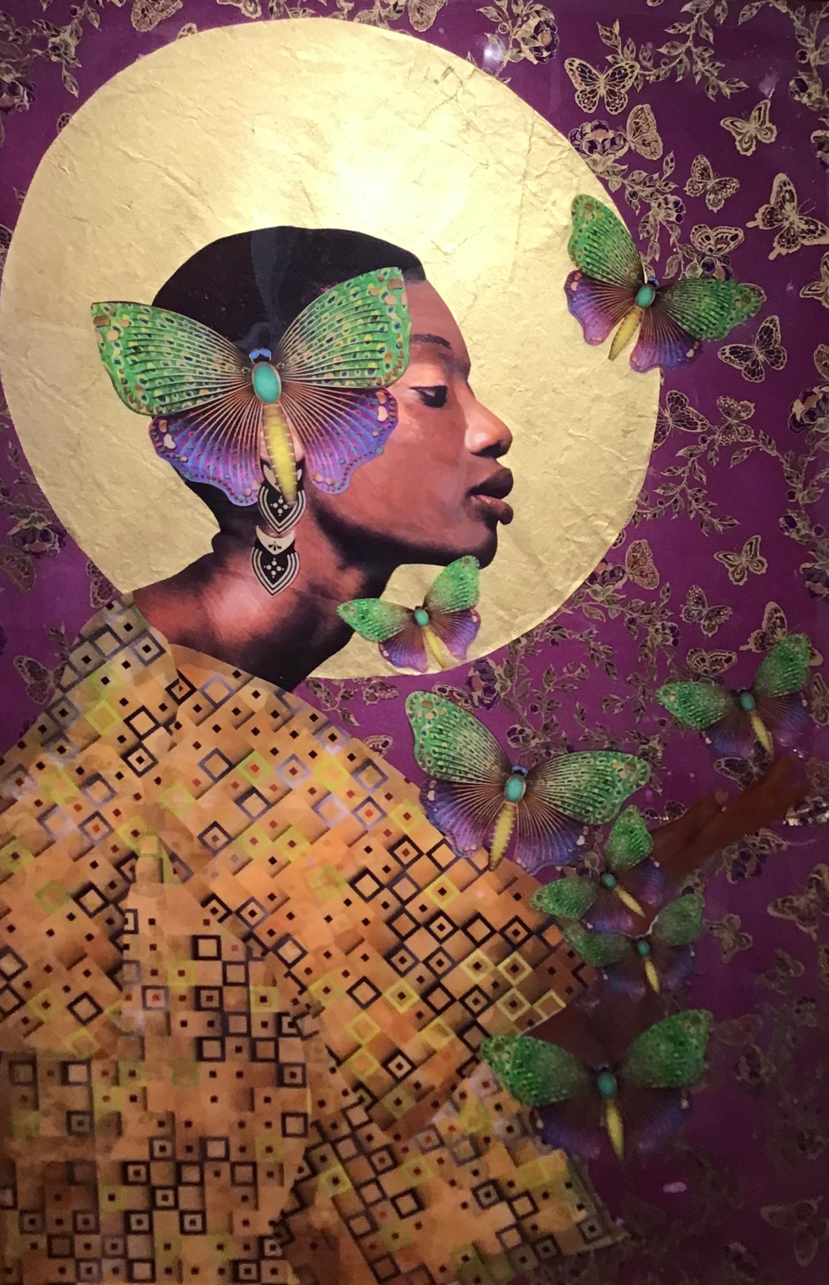 "Ave Maria" Purple and gold mixed media portrait with resin finish. 