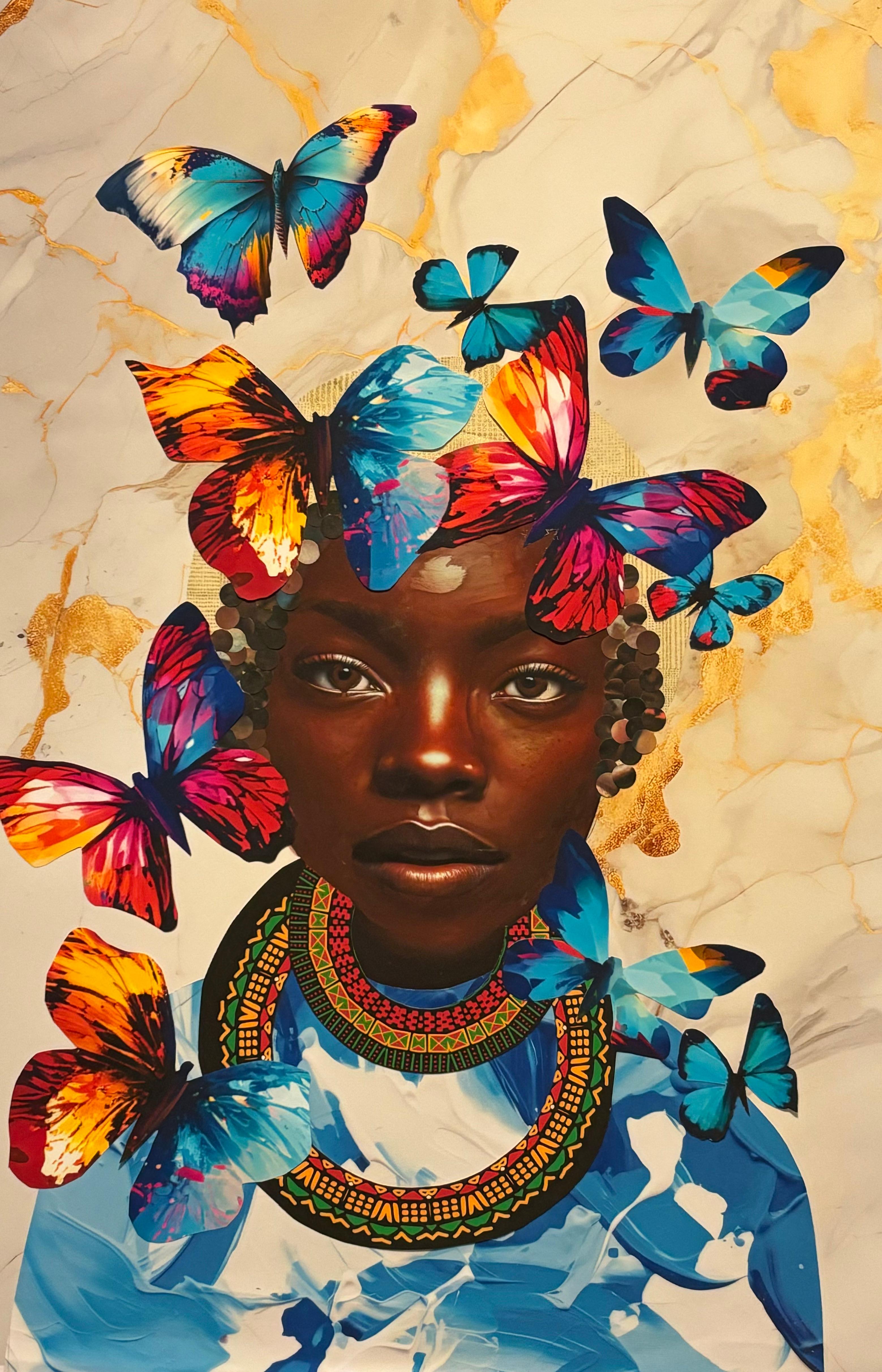 "Armonía de mariposas" retrato en técnica mixta de mujer con mariposas - Mixed Media Art de Janice Frame