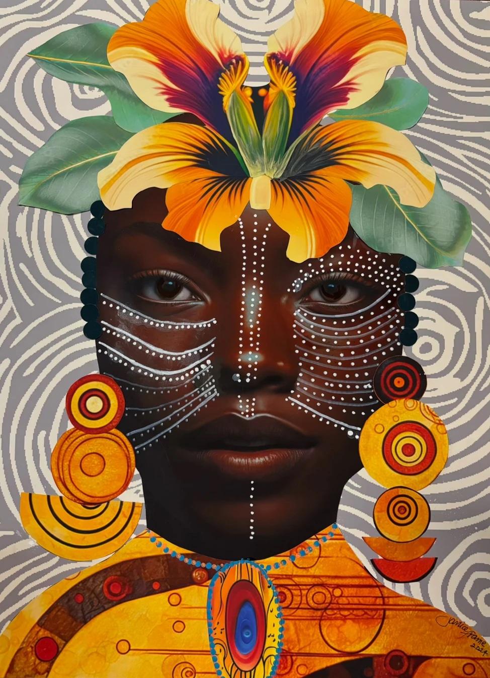 "Colors of Courage" Woman wearing floral headdress and colorful jewelry - Mixed Media Art by Janice Frame