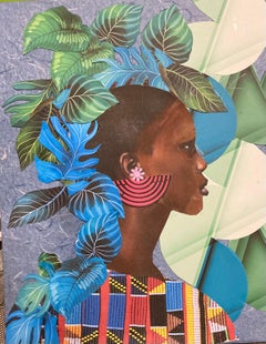 "Culture Endures" mixed media portrait of an African woman with greens and blues