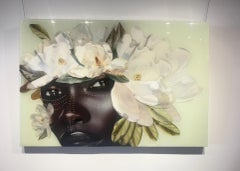 "Echoes of Nubia" green portrait of a woman with white flowers and leaves