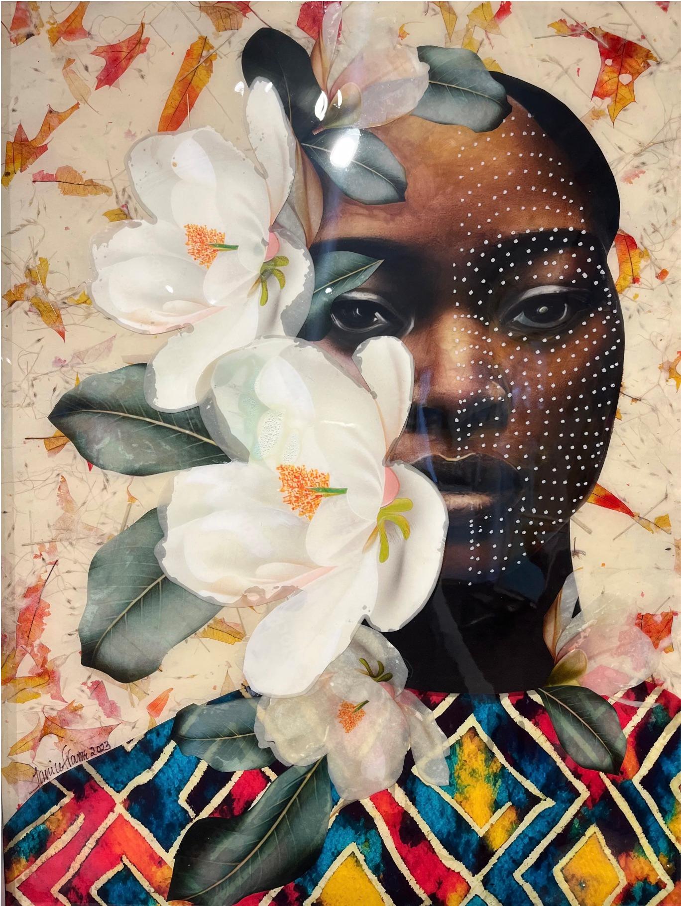 "Etched in Traditions" Portrait of a woman with flower crown in African dress - Mixed Media Art by Janice Frame