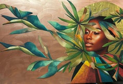 "Harmony in Hues" copper/gold mixed media portrait of a woman with green leaves
