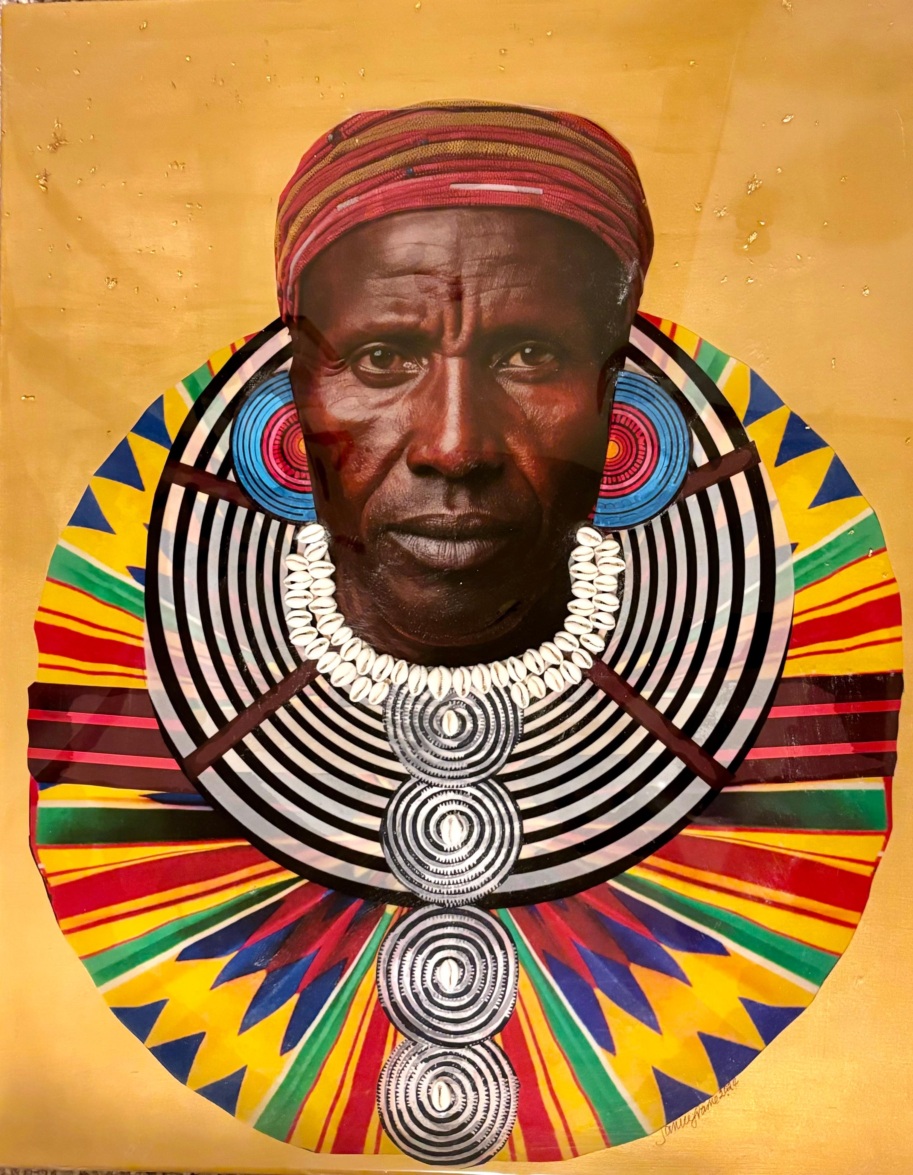 "Maasai Mosaic" Yellow background, Maasai wearing large necklace, mixed media - Mixed Media Art by Janice Frame