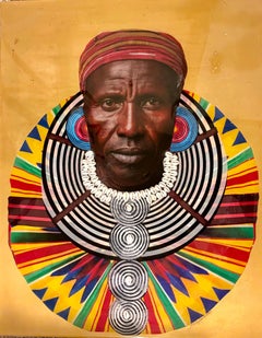 "Maasai Mosaic" Yellow background, Maasai wearing large necklace, mixed media