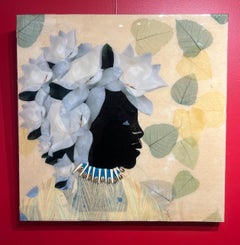 "Magnolia 3" mixed media portrait of a black woman with flowers on her head